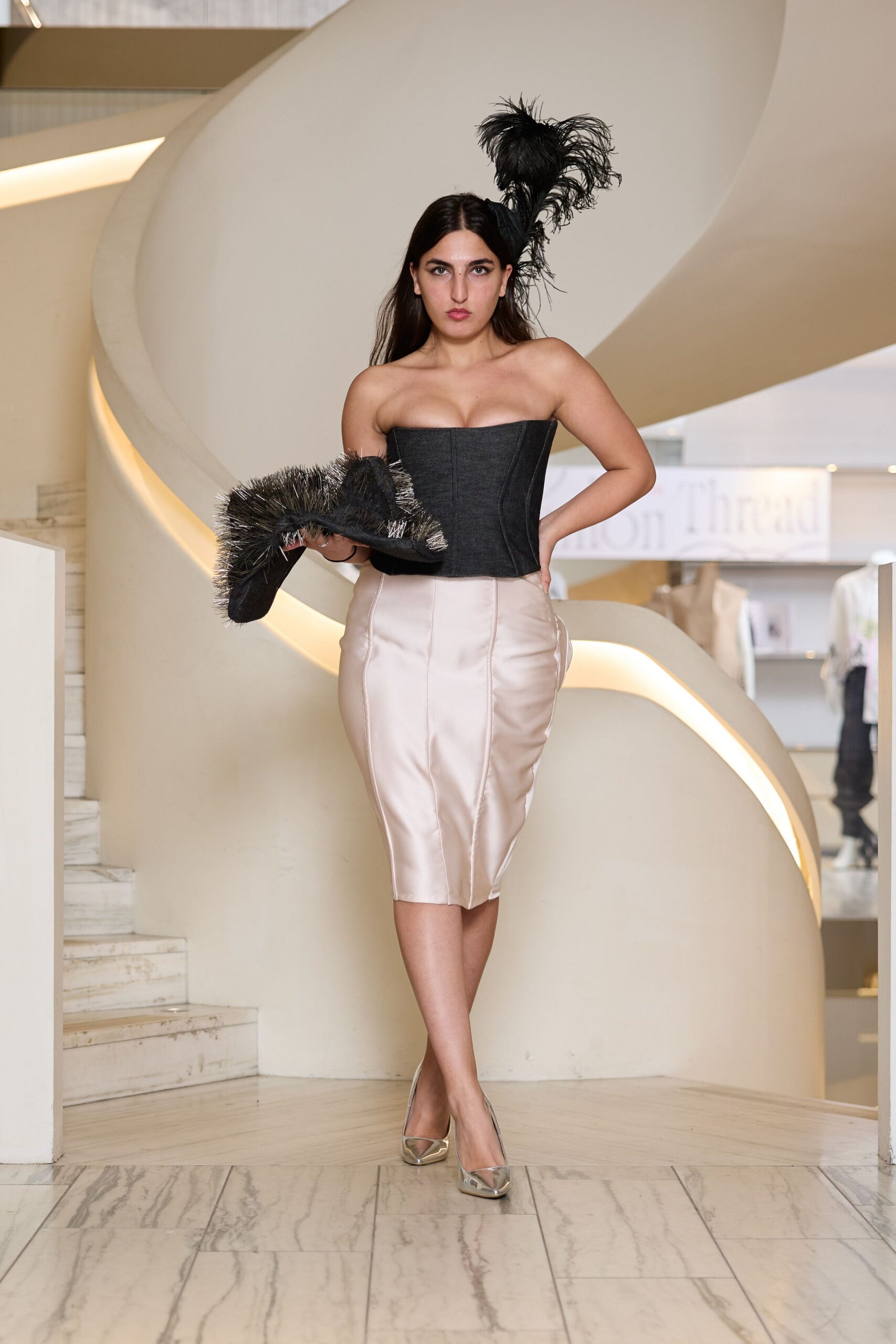 black corset beige pencil skirt