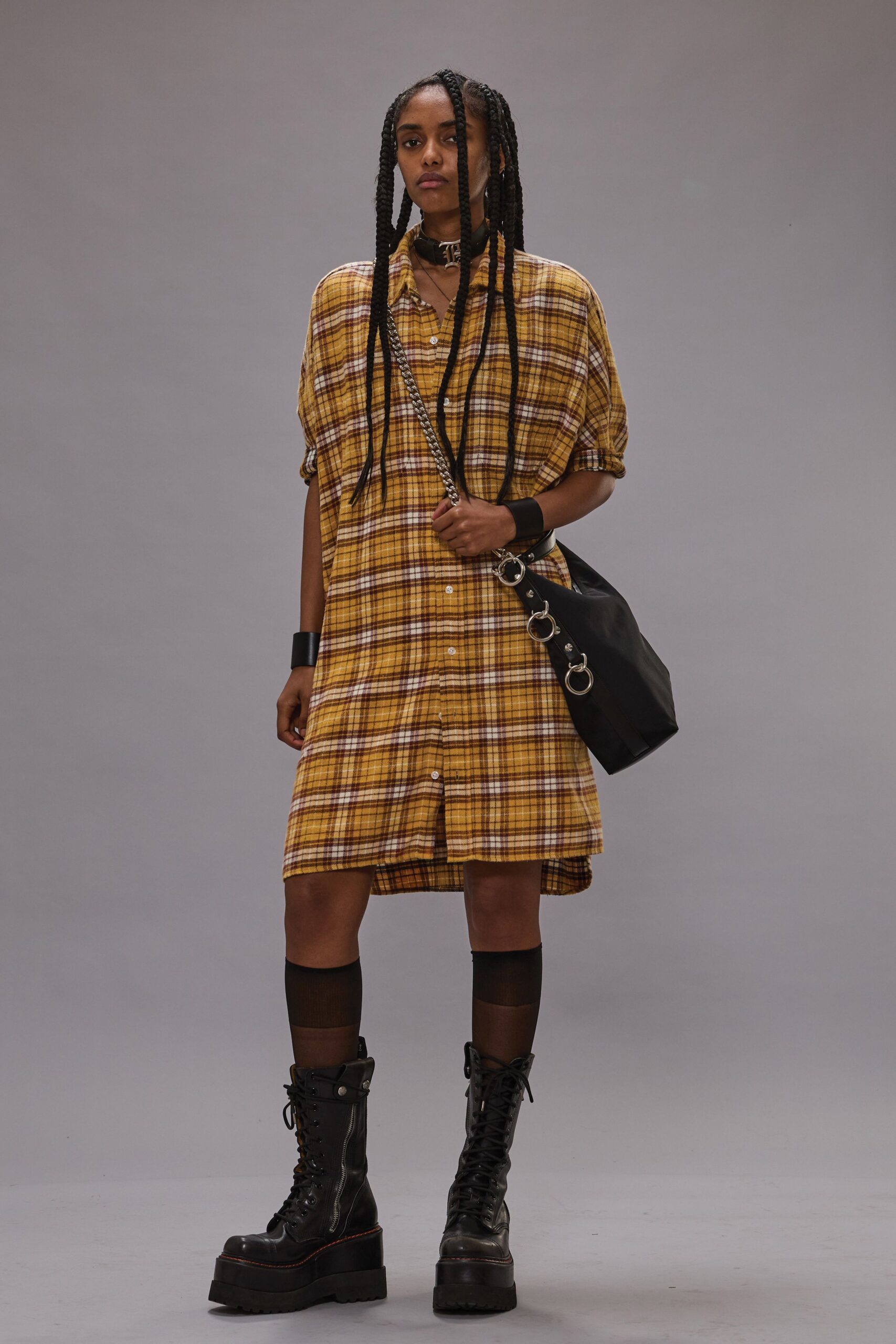 yellow checked shirt-dress with black boots