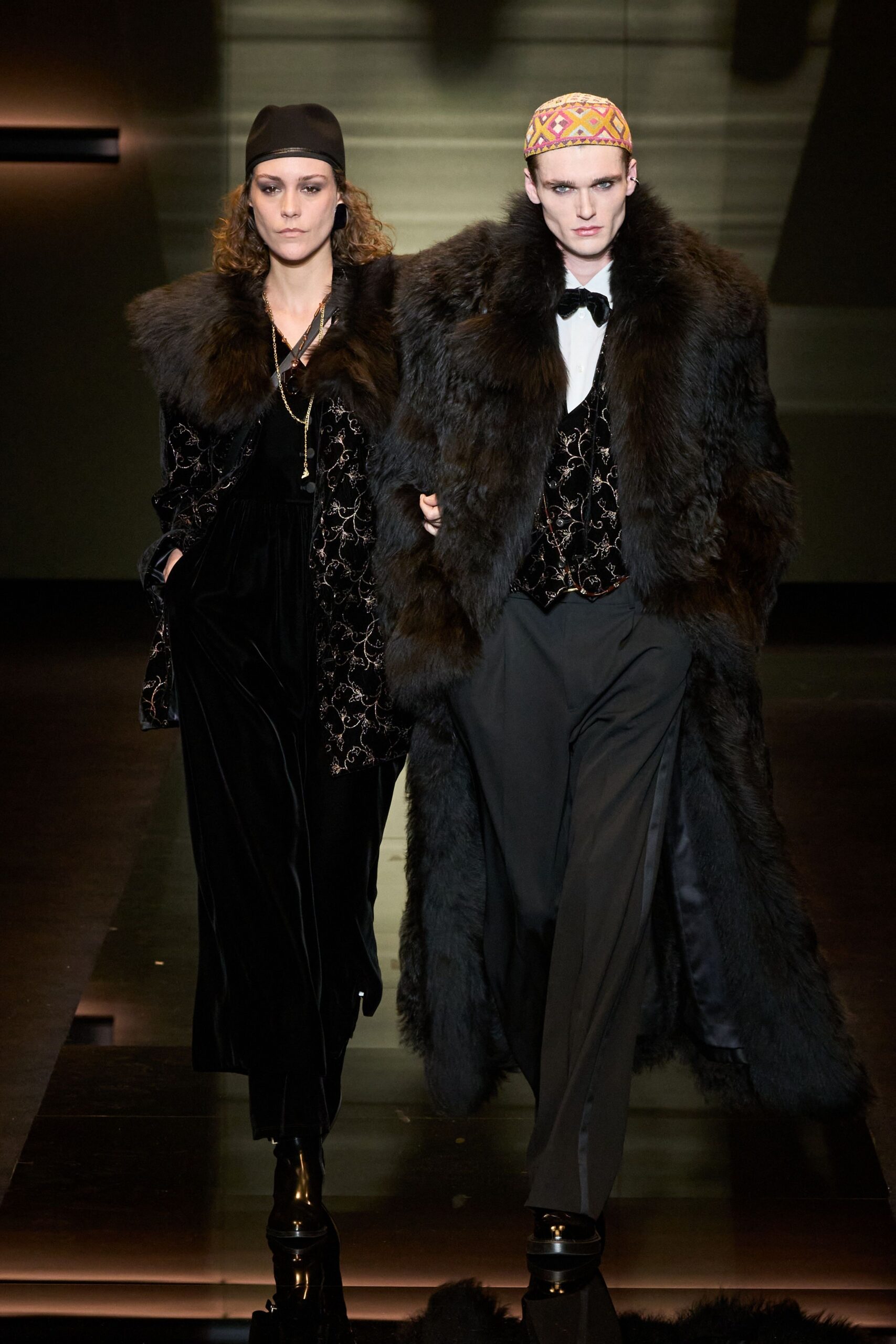 black velvet gown with fur coat