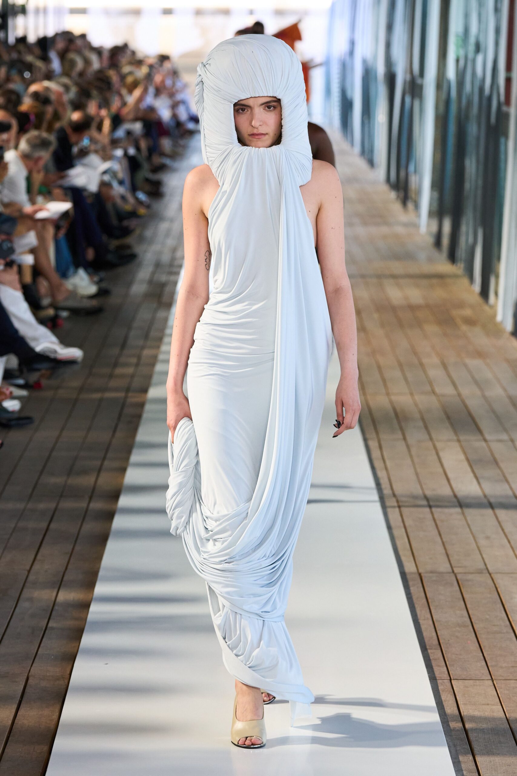 white draped gown with heels