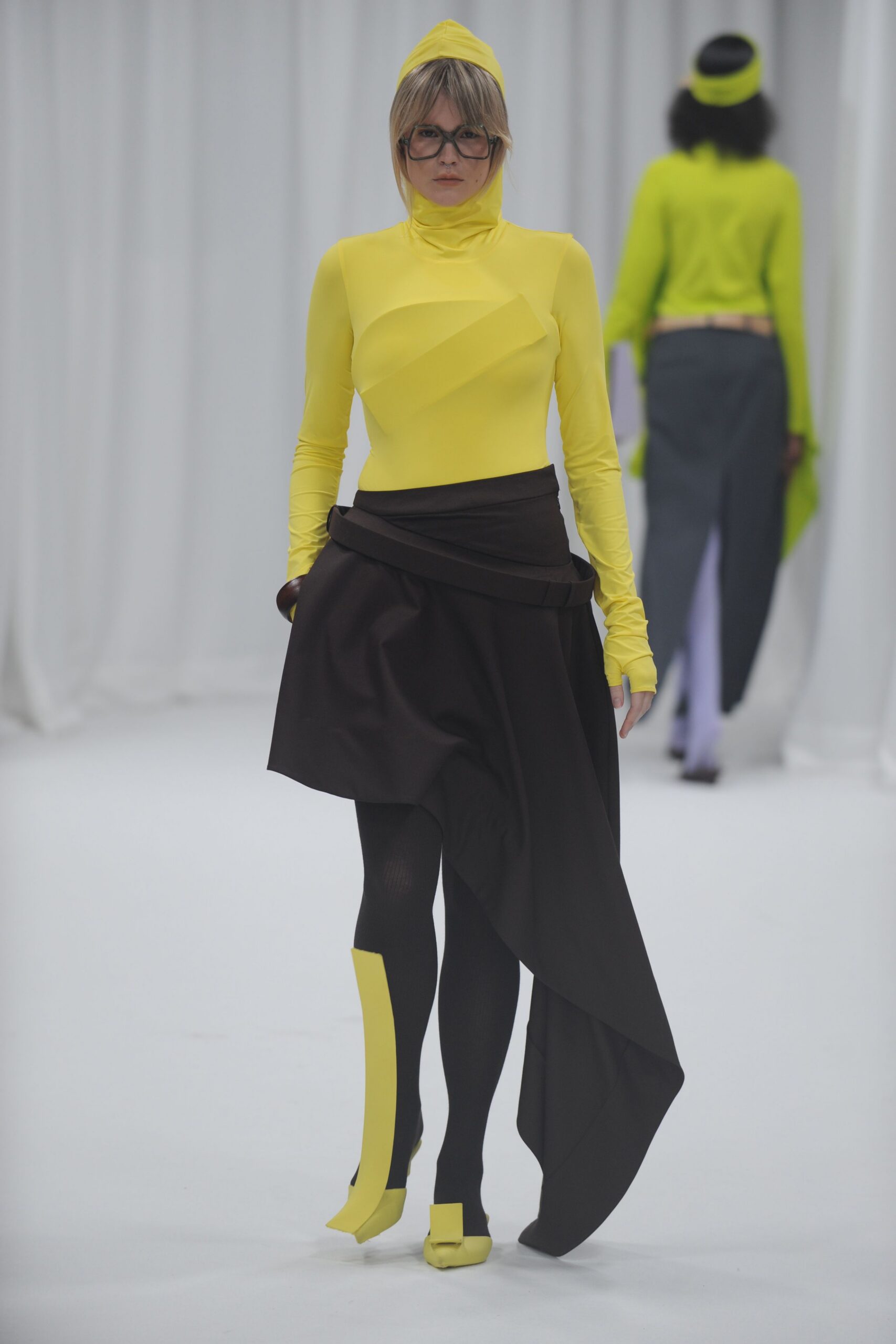 yellow cotton long-sleeve high-neck fitted draped top