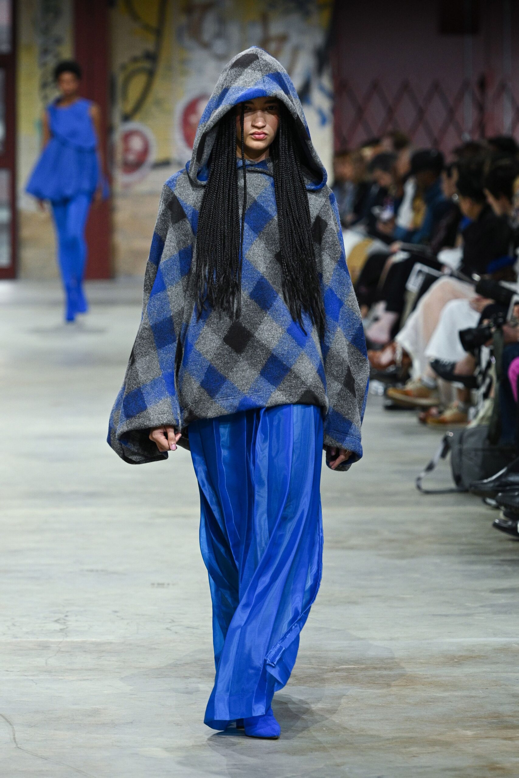 blue wool long-sleeve hooded oversized checked hoodie