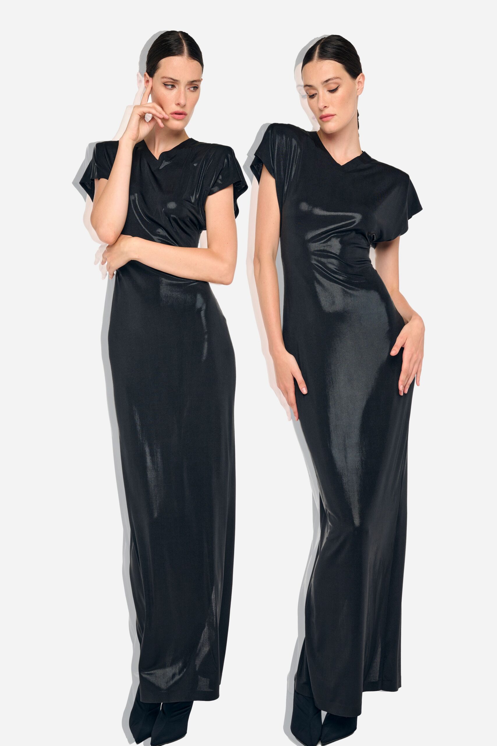 black vinyl fitted gown