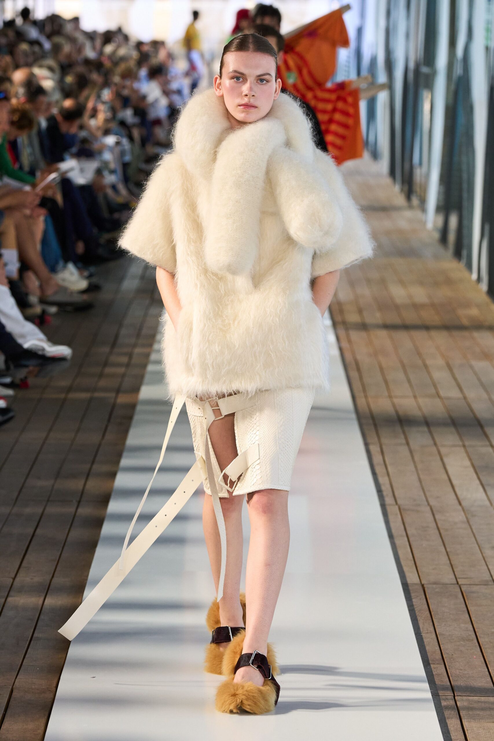 white fur coat and skirt