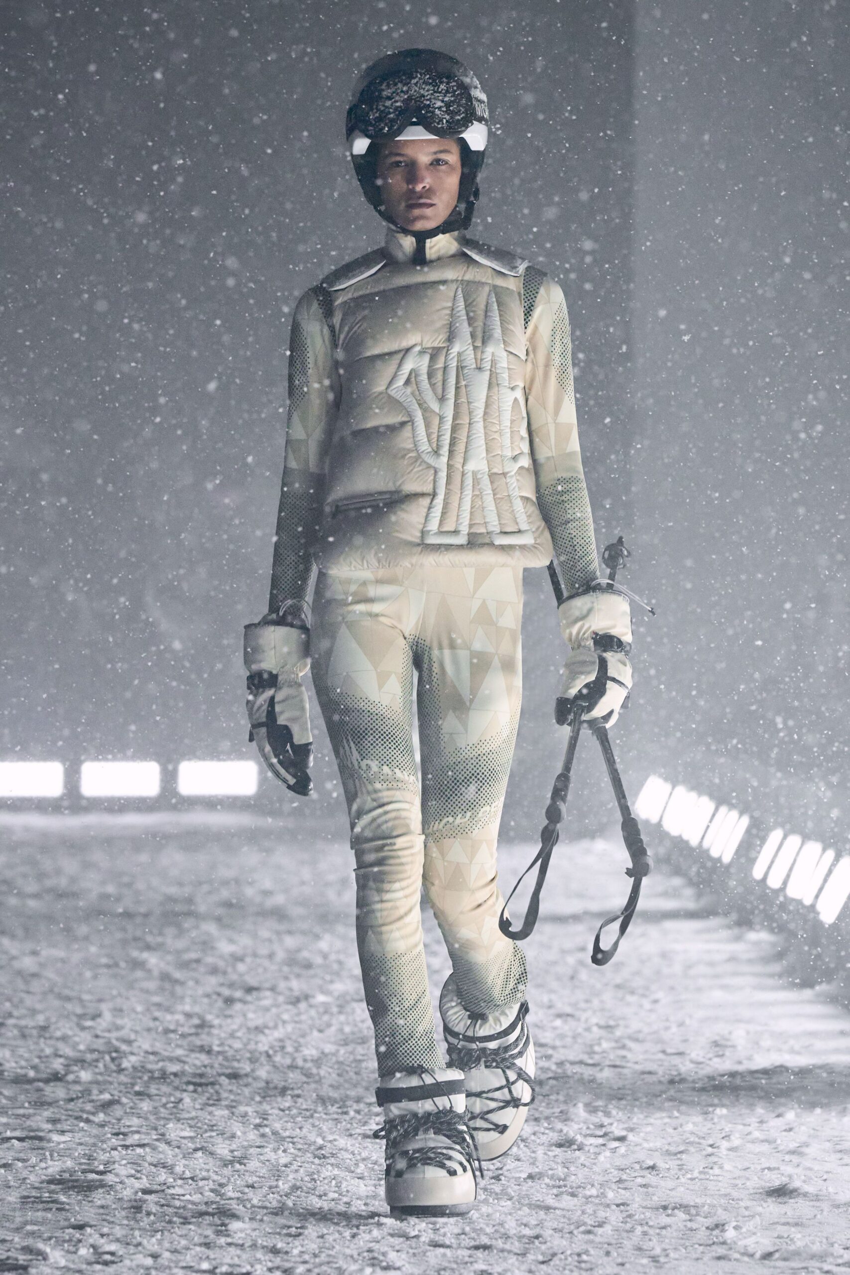 beige neoprene long-sleeve high-neck fitted printed catsuit