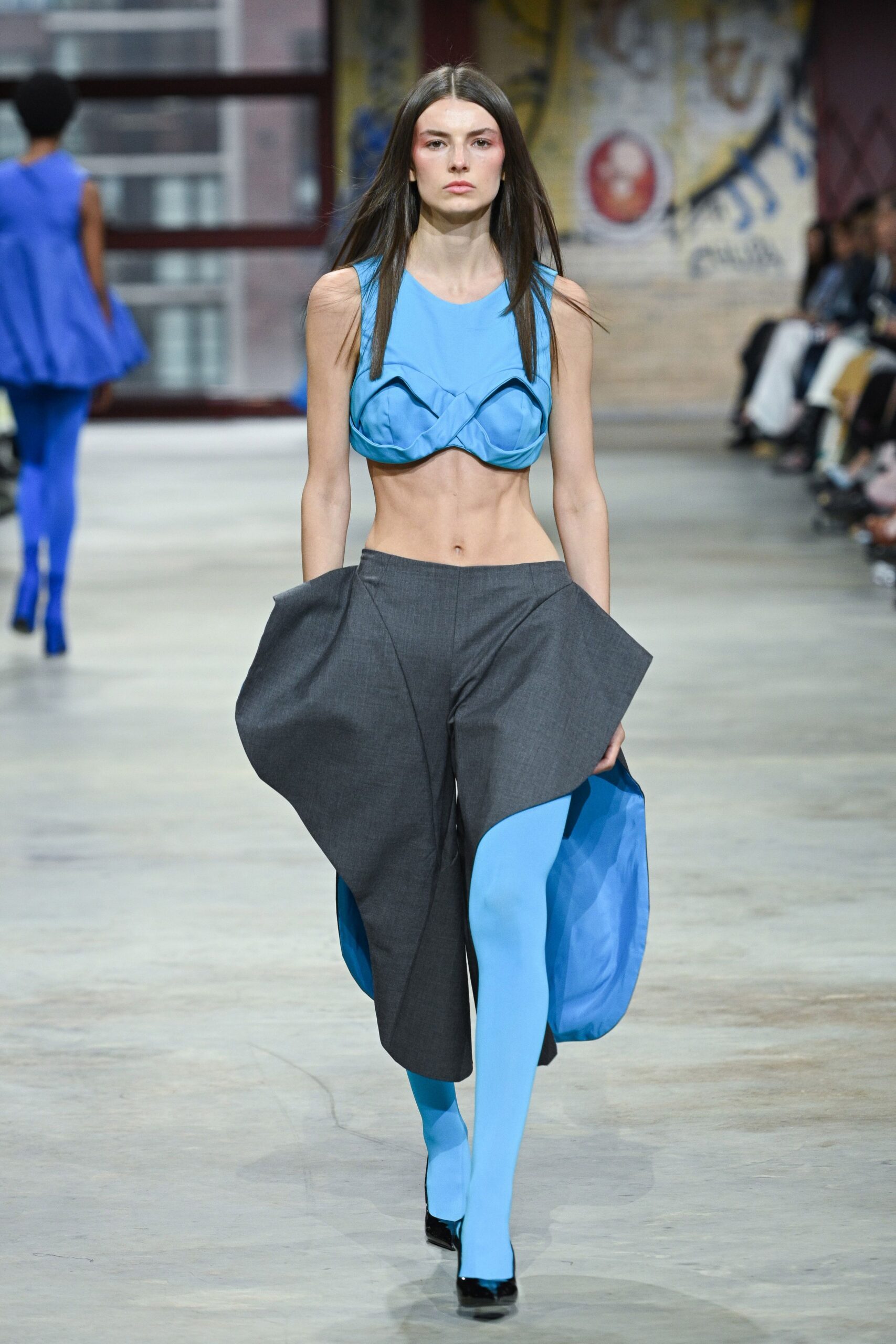 blue sleeveless fitted ruched top