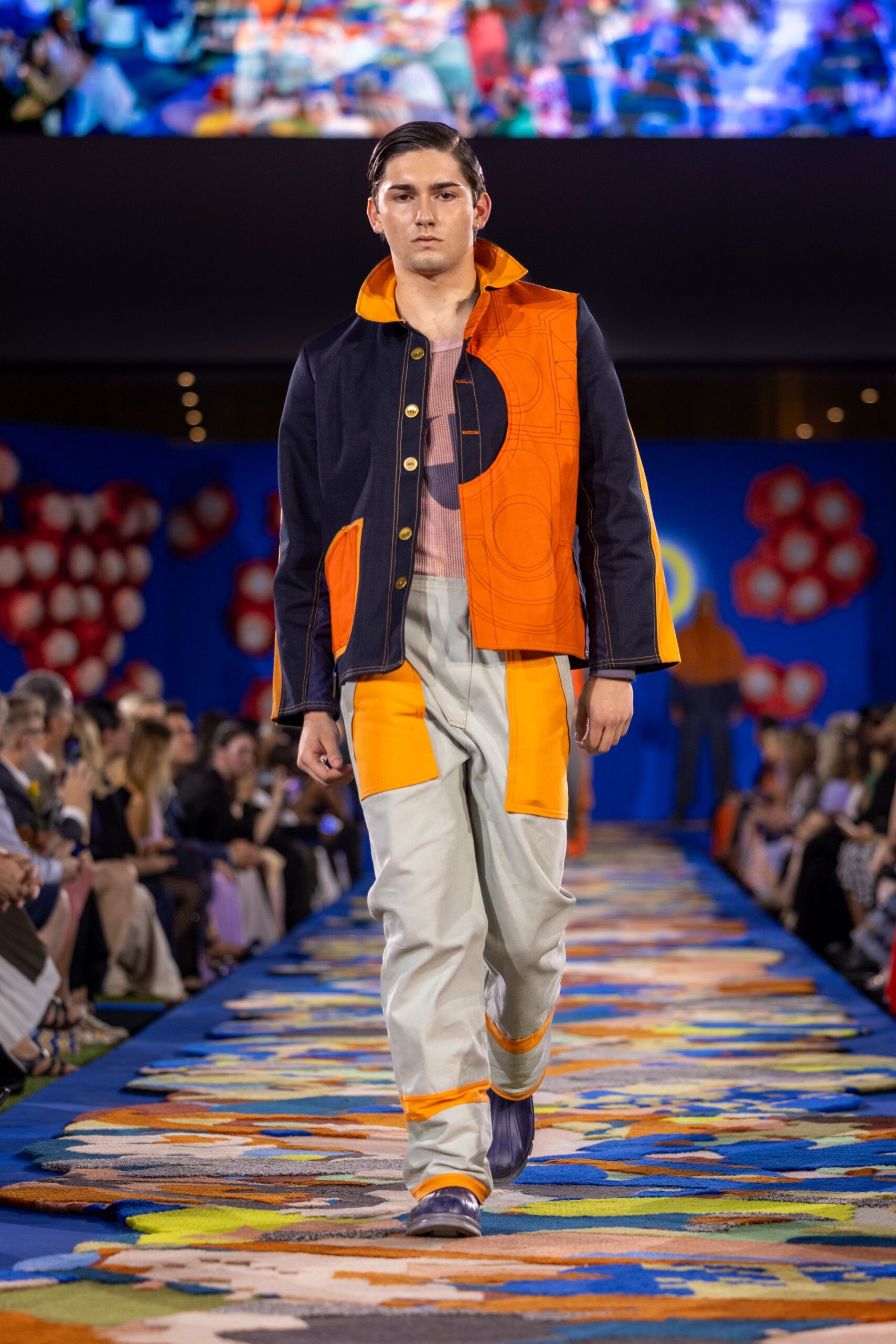 color-blocked jacket and cargo pants
