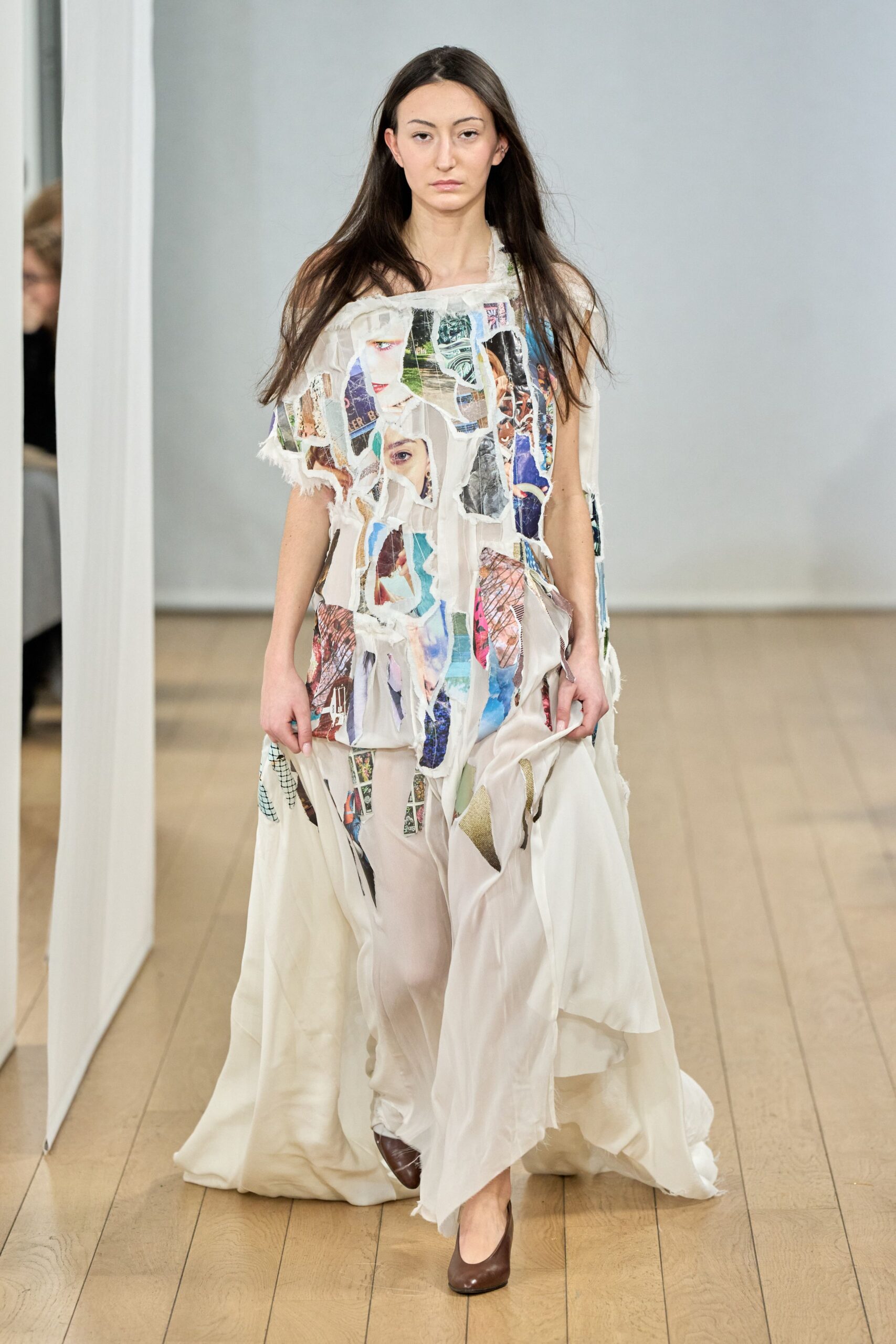 multi-layered flowing maxi dress with brown shoes