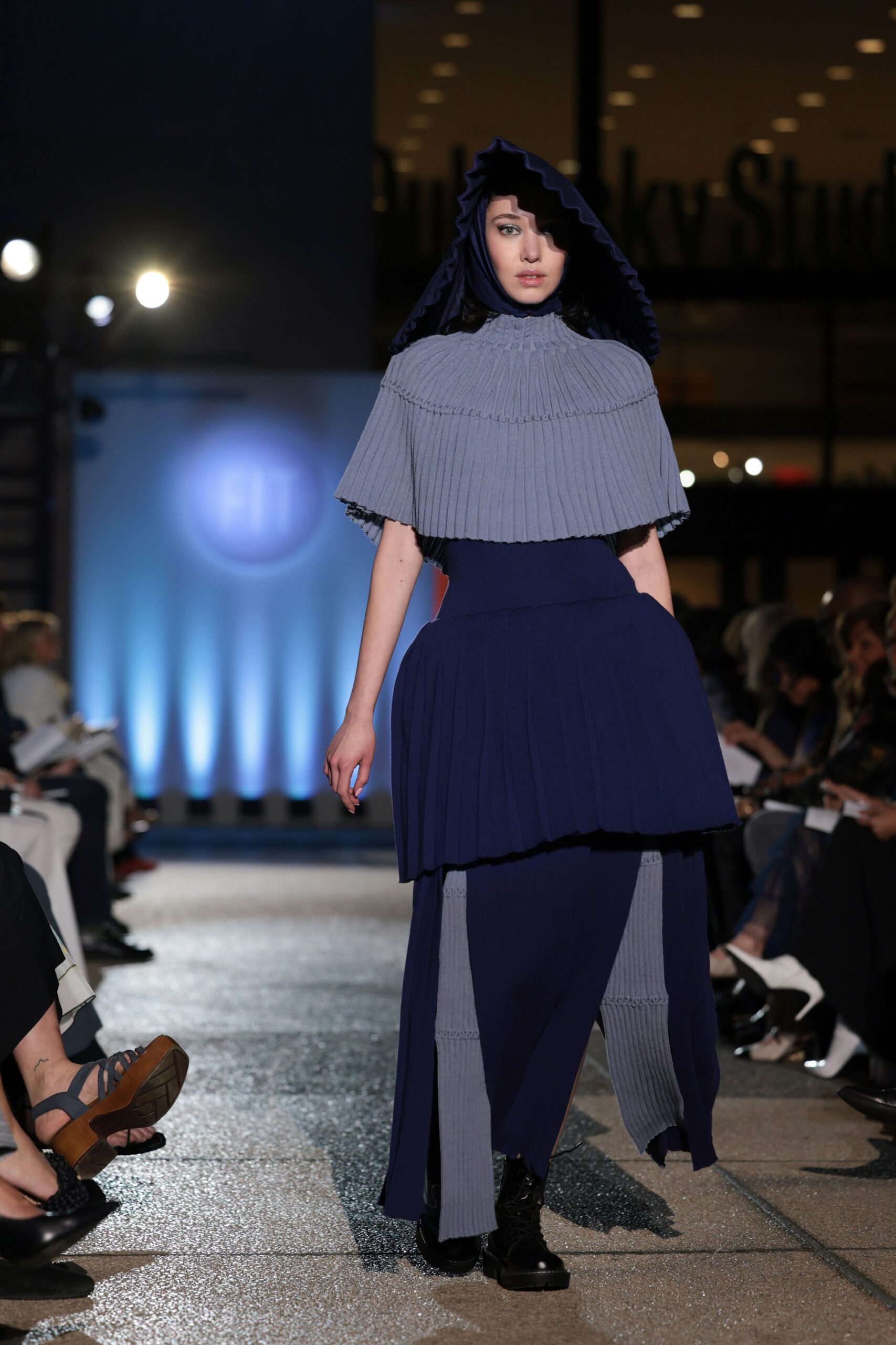 blue pleated top and layered skirt