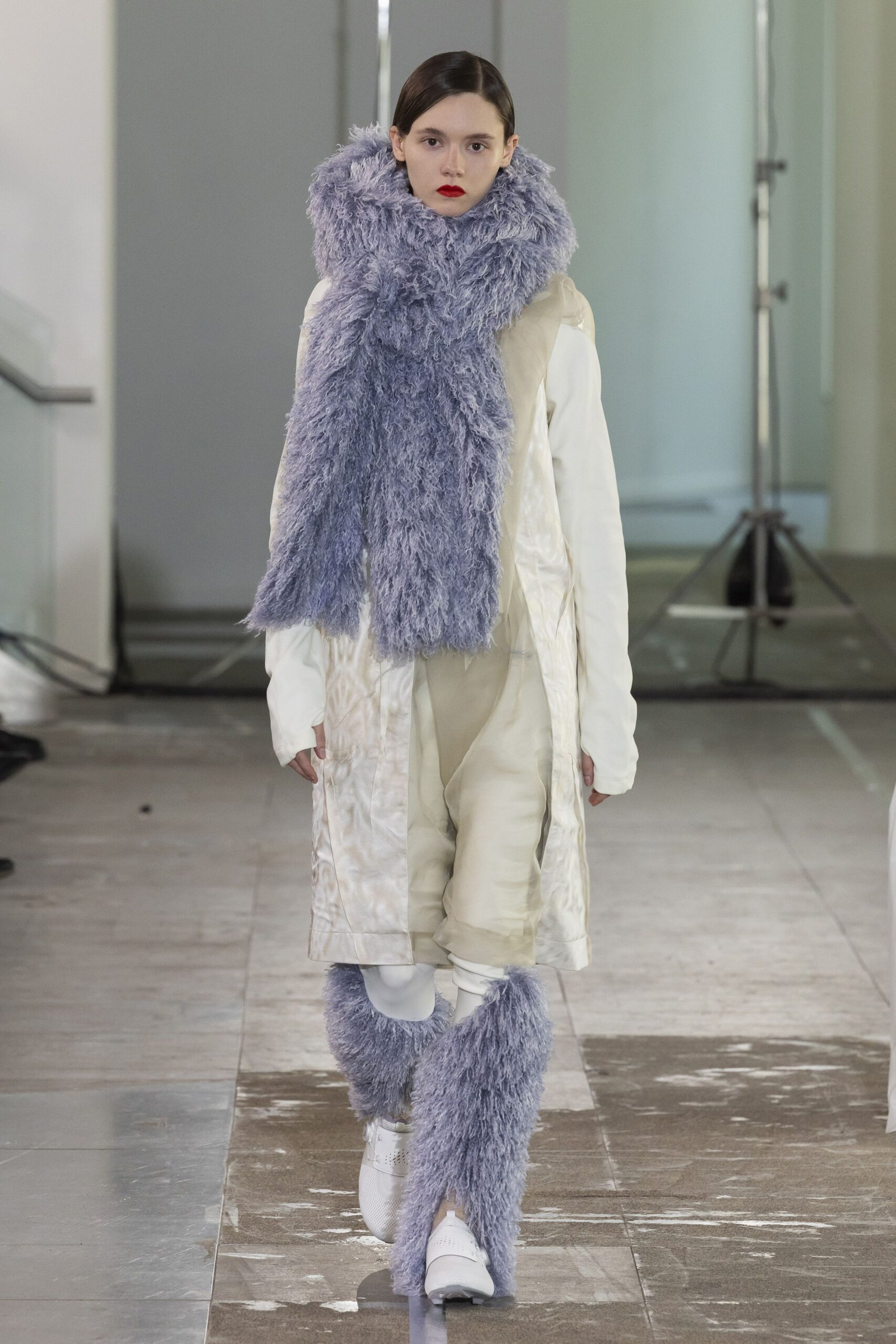 white relaxed jumpsuit with purple scarf
