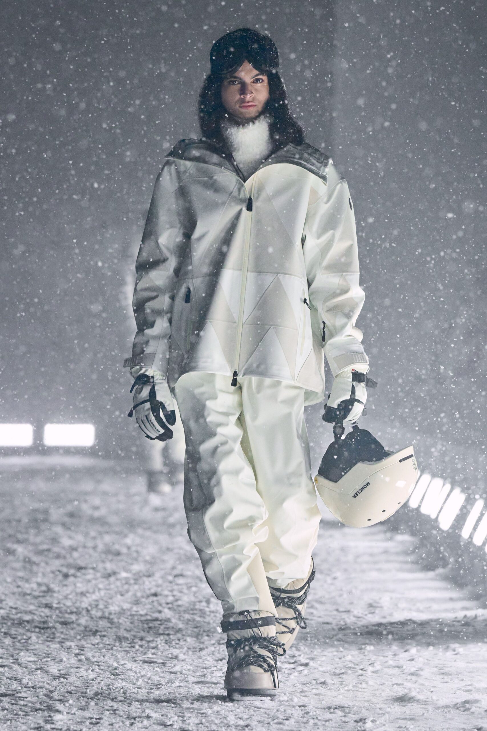 white faux-fur relaxed zippered pants