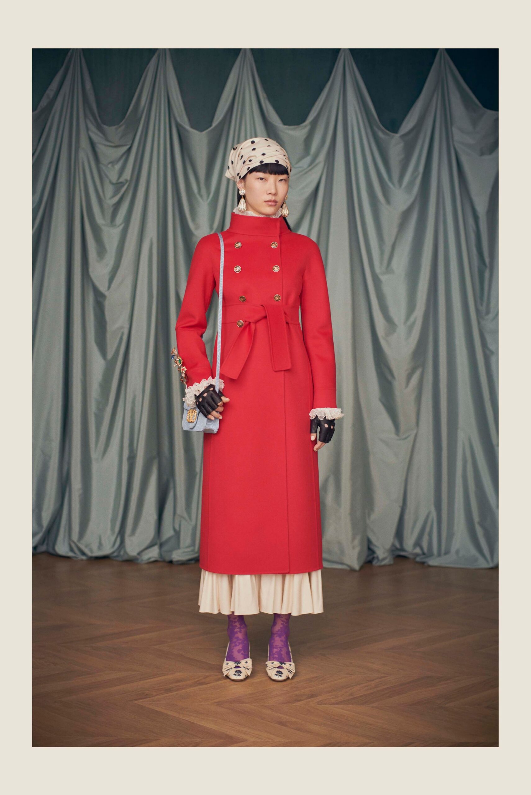red wool long-sleeve collared fitted belted maxi coat