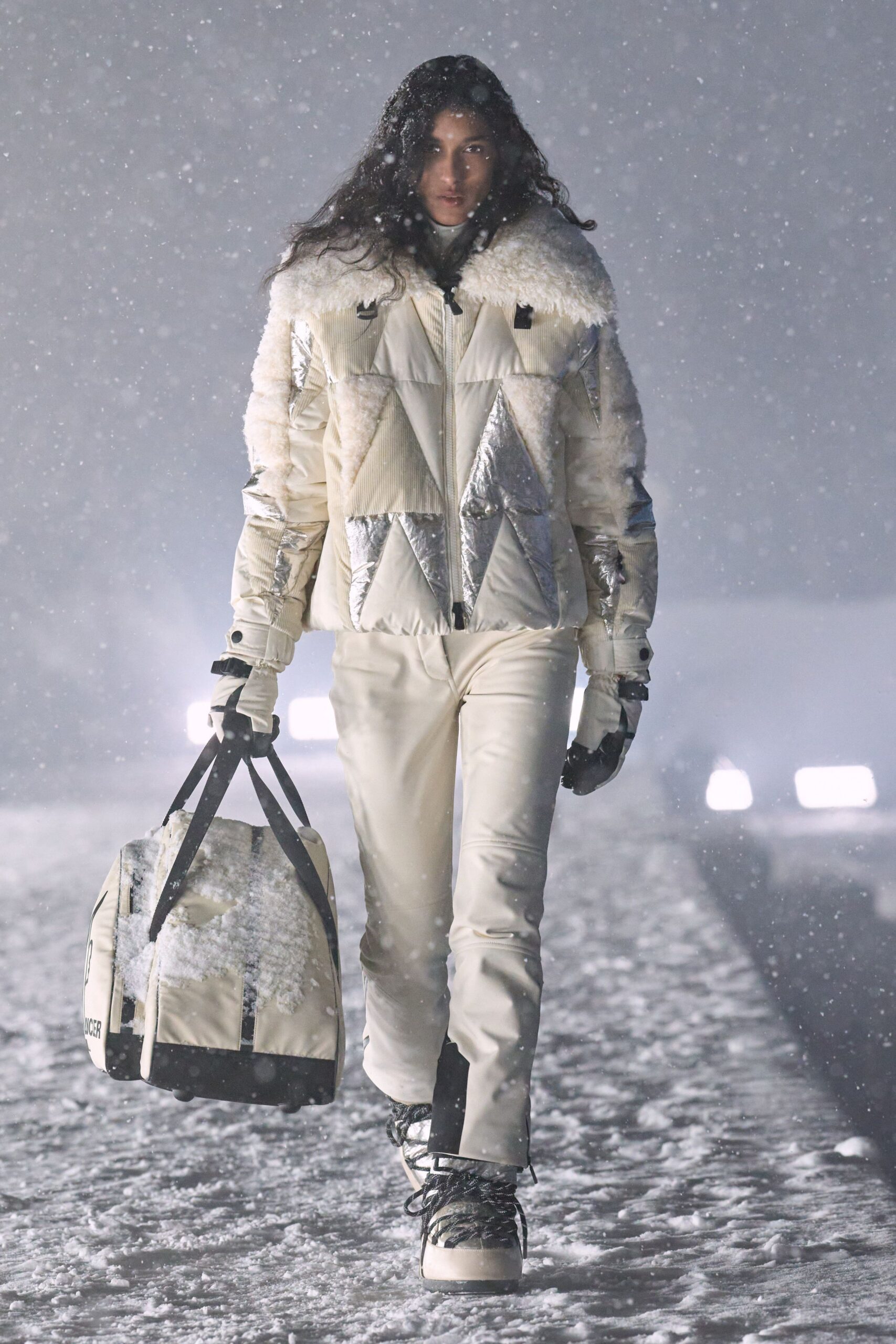white faux-fur long-sleeve collared fitted quilted shiny jacket