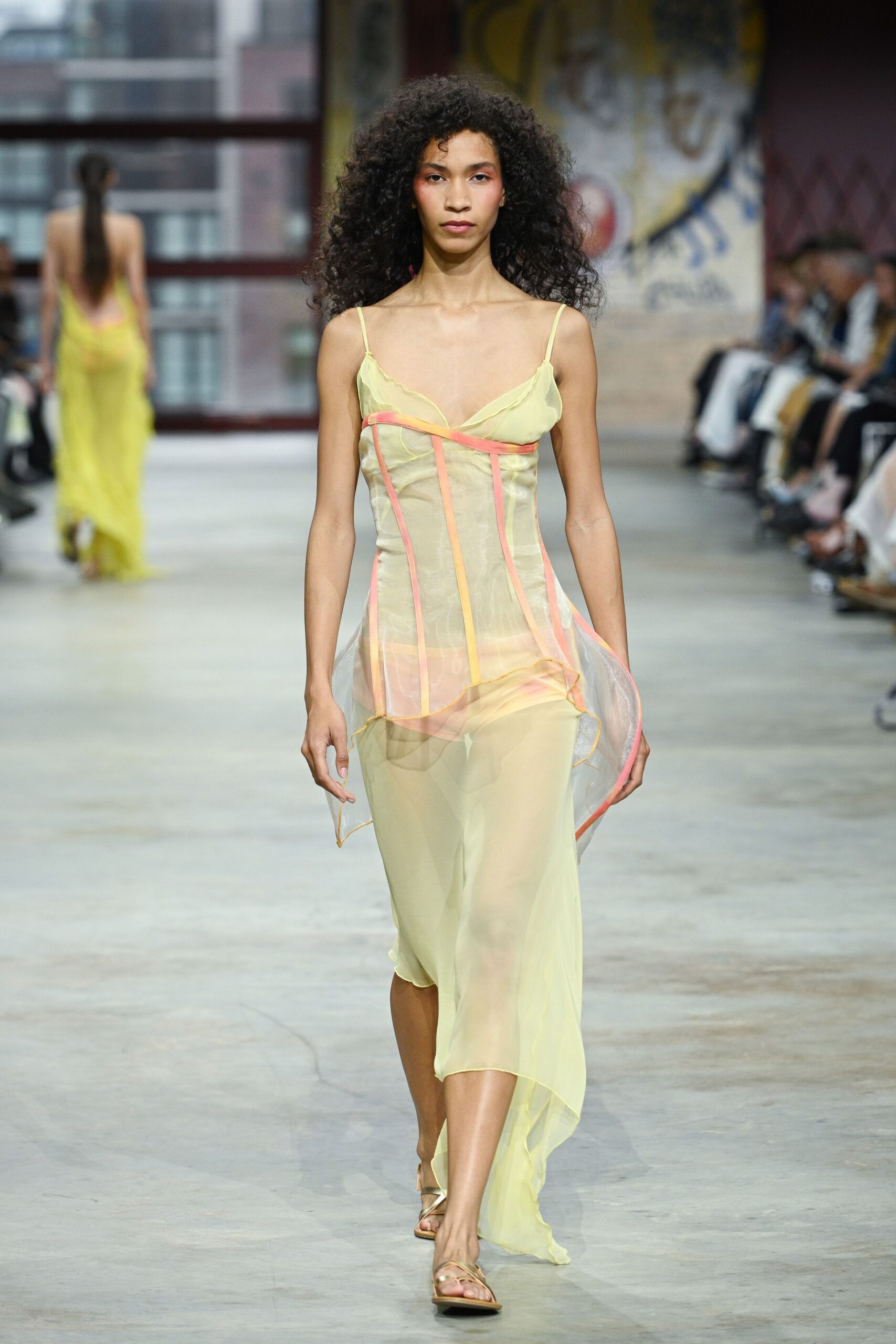 yellow silk sleeveless v-neck fitted layered dress