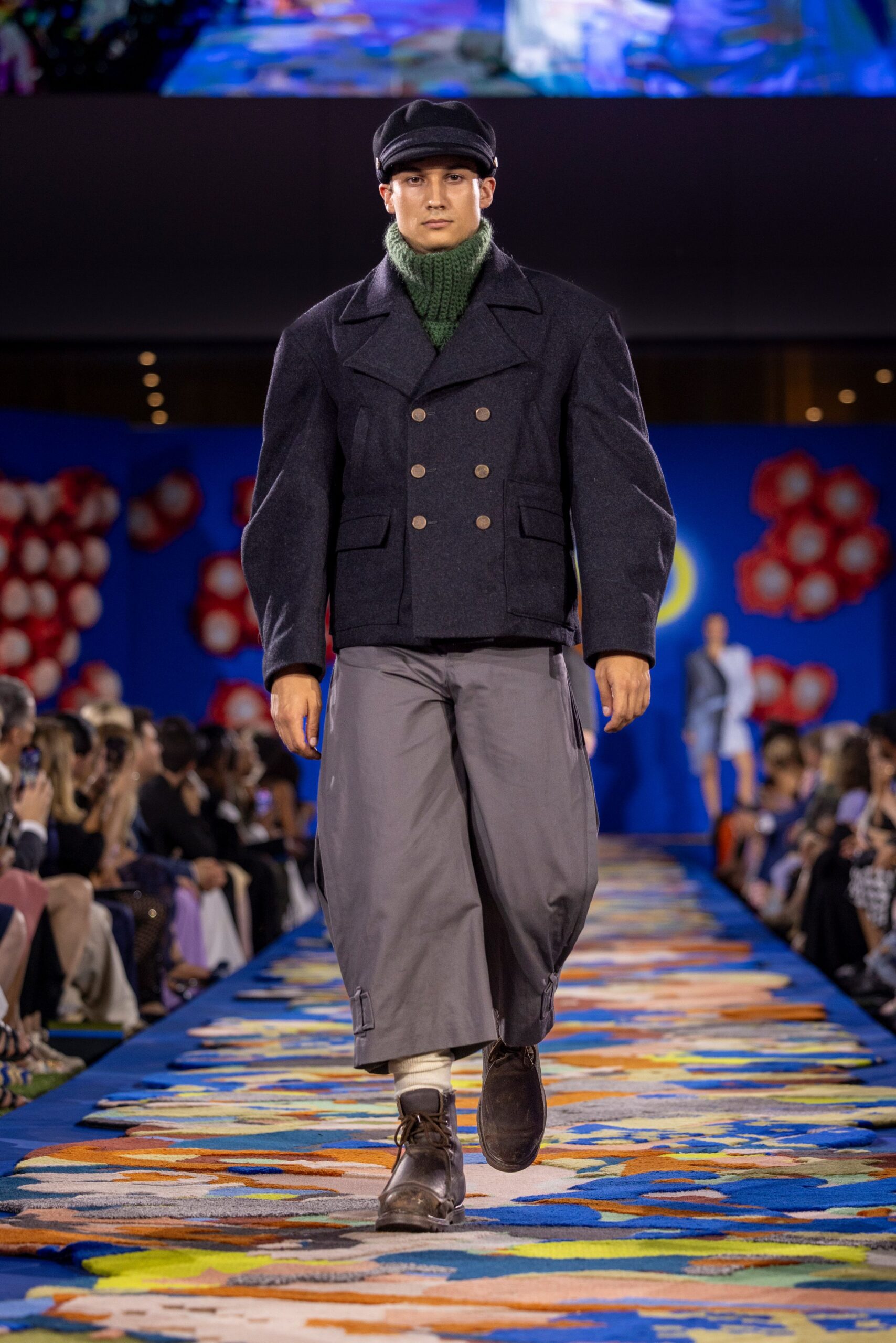 oversized navy jacket with green sweater