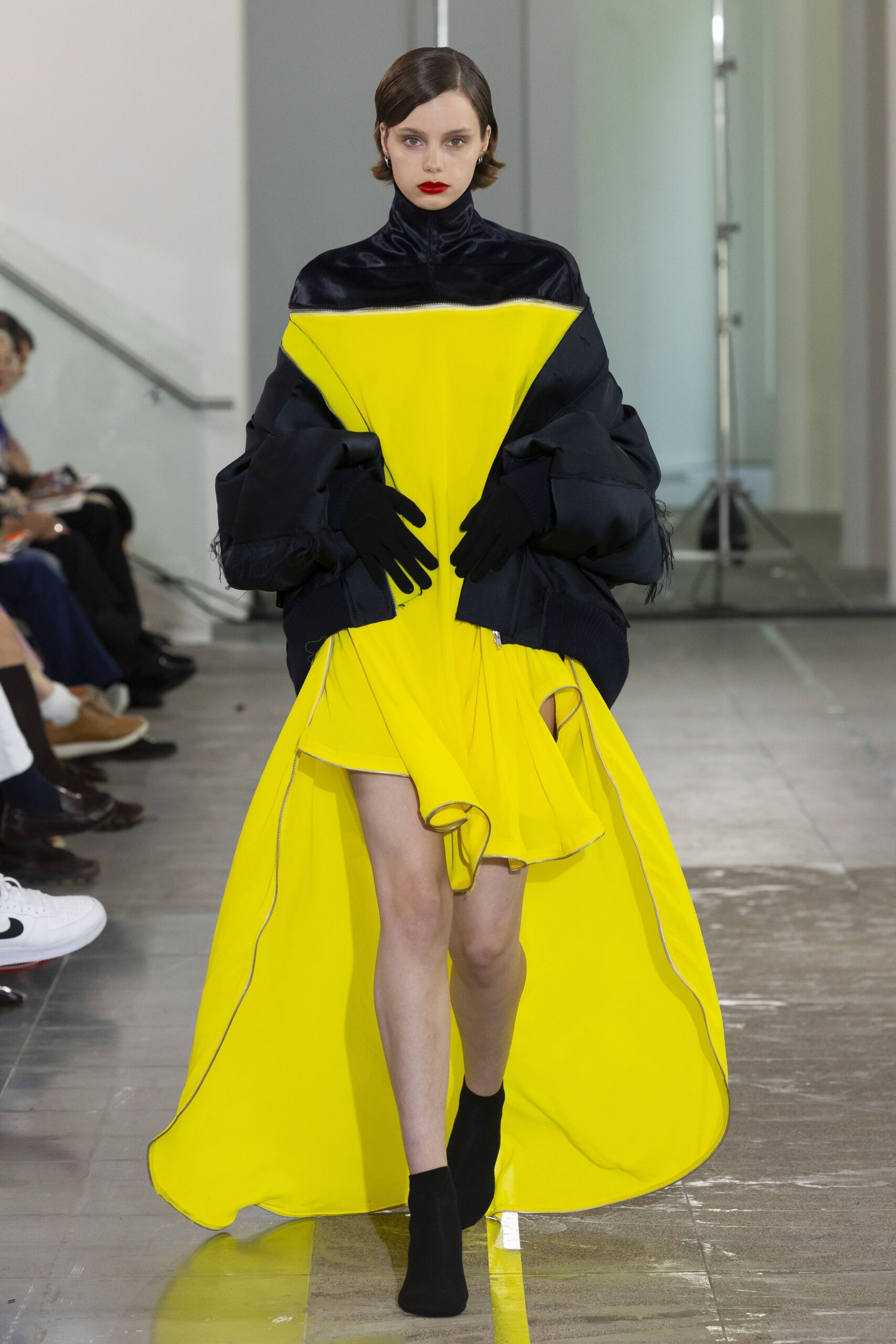 yellow mini dress with oversized coat