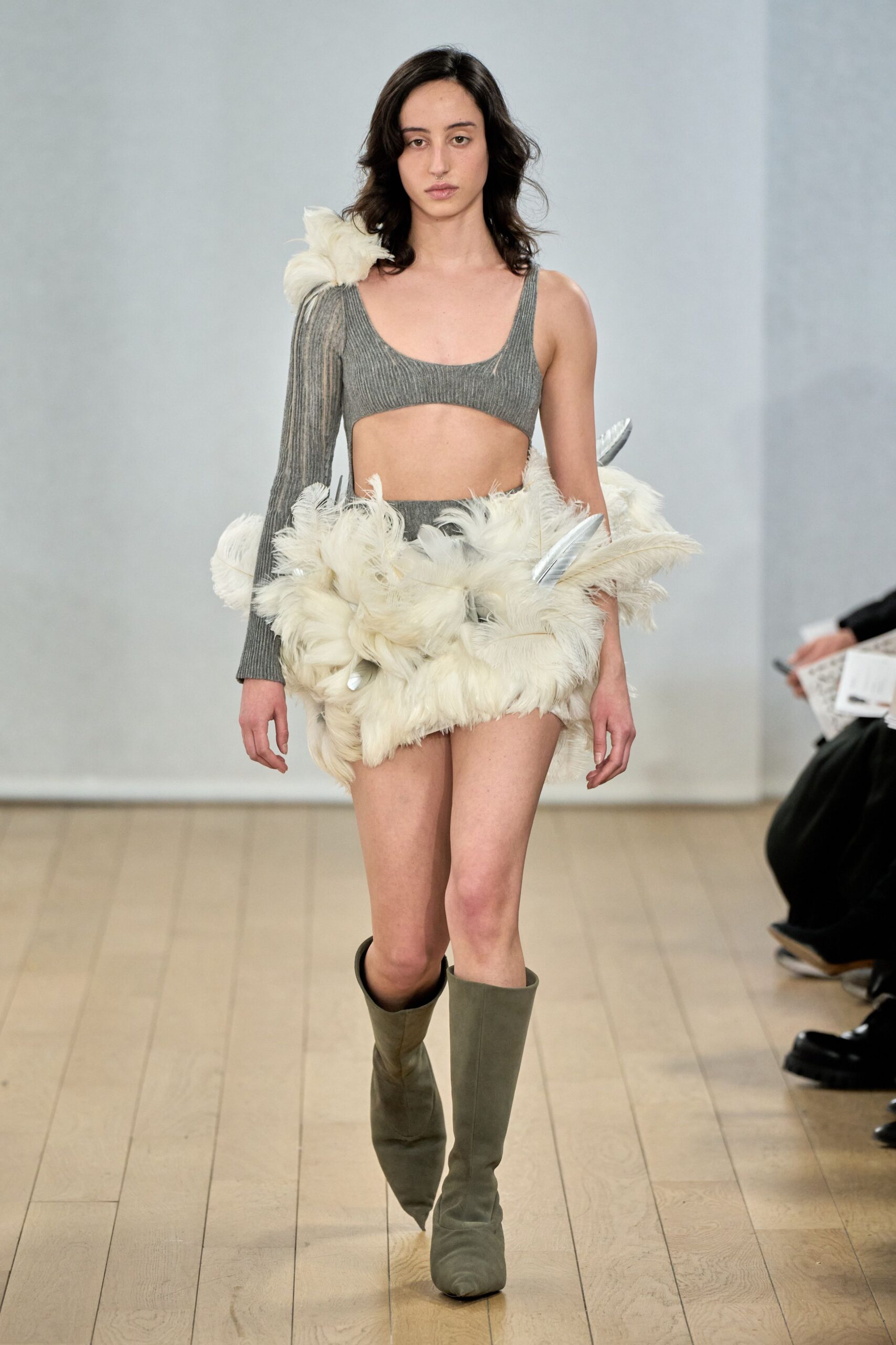 gray knit crop-top with white ruffled skirt