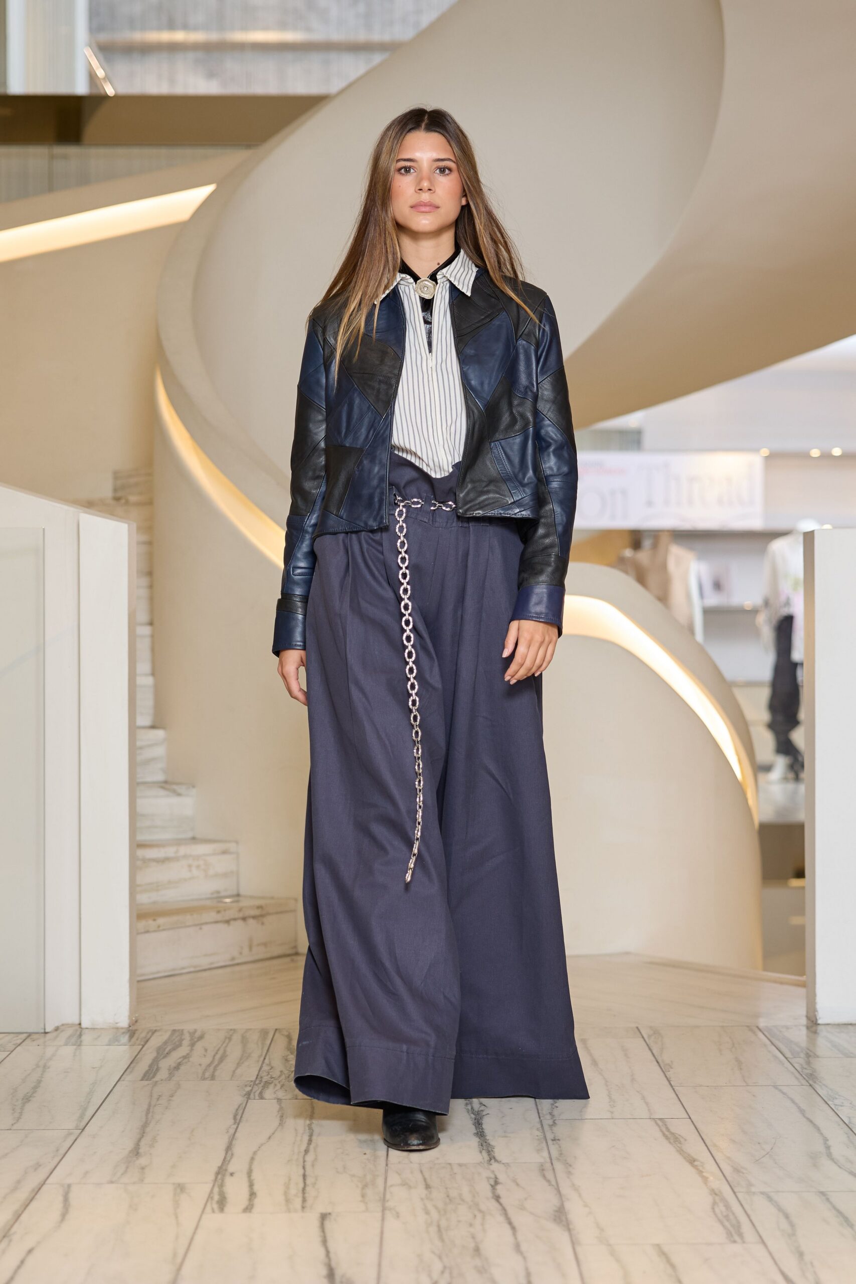 blue leather long-sleeve collared fitted zippered jacket