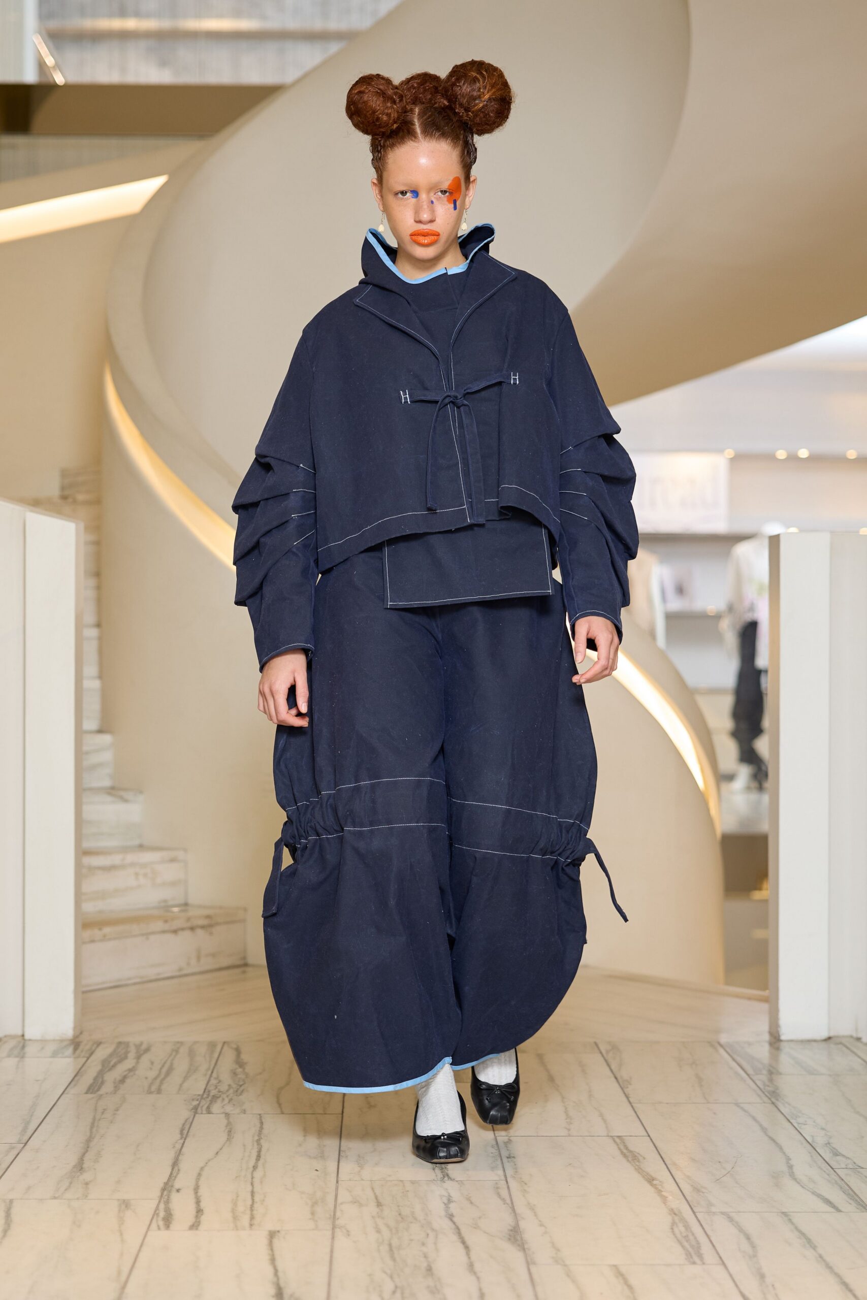 blue denim long-sleeve collared oversized zippered draped jacket