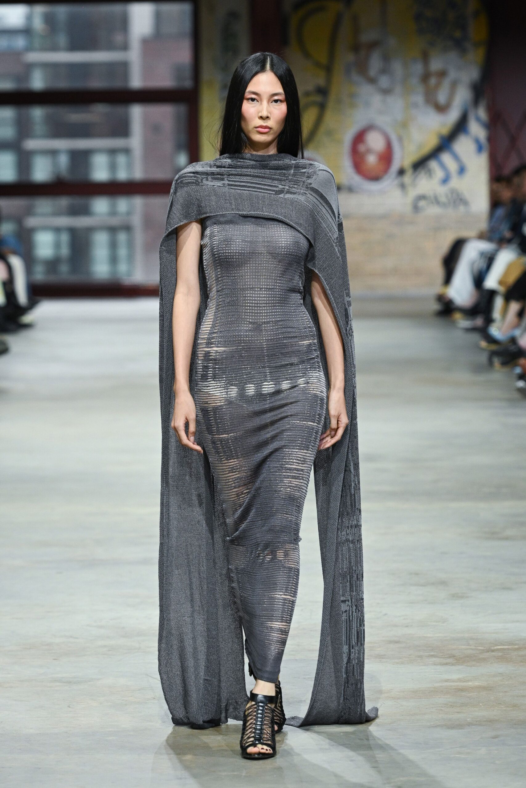 gray mesh sleeveless high-neck fitted draped sheer dress