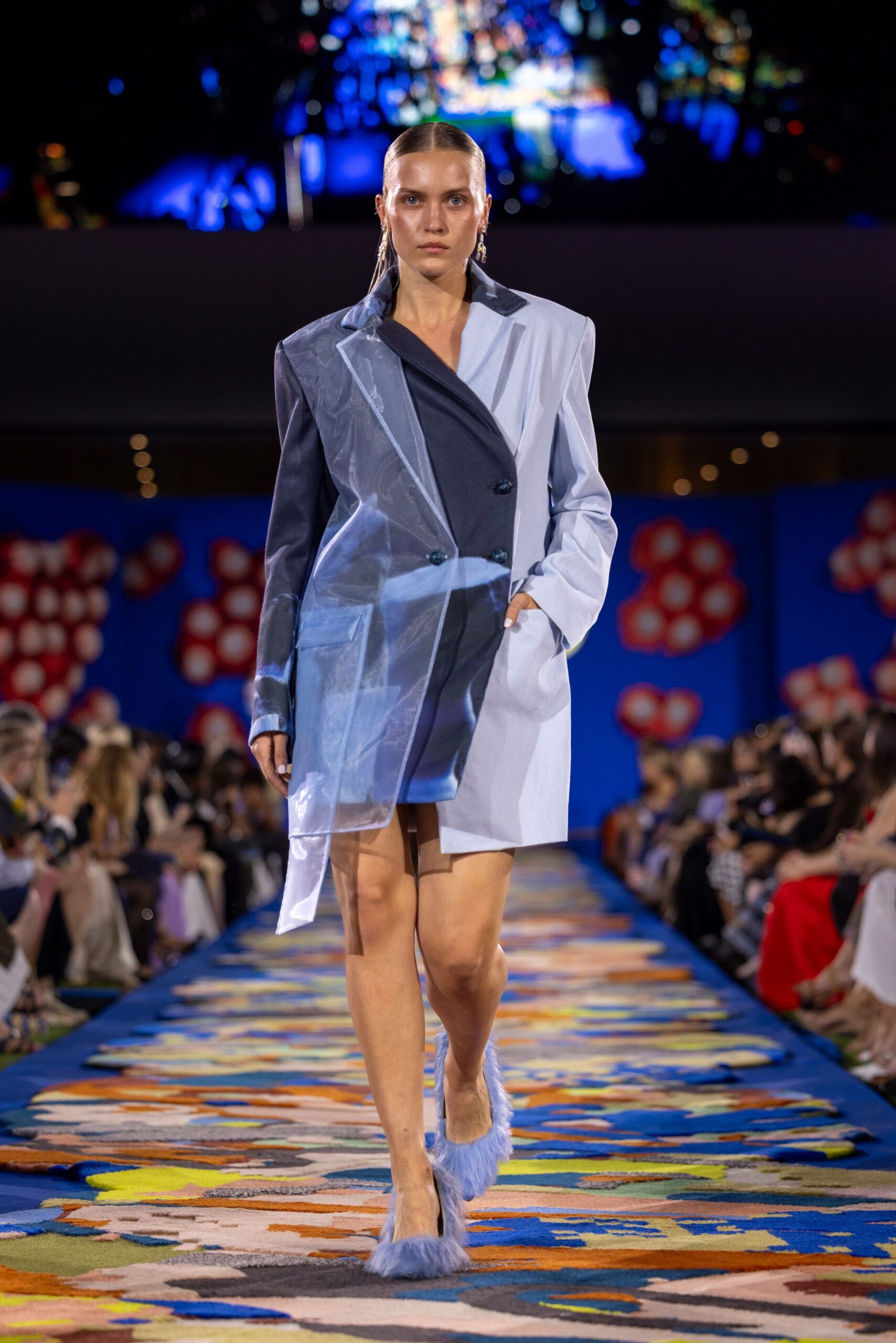 blue color-blocked blazer with shorts