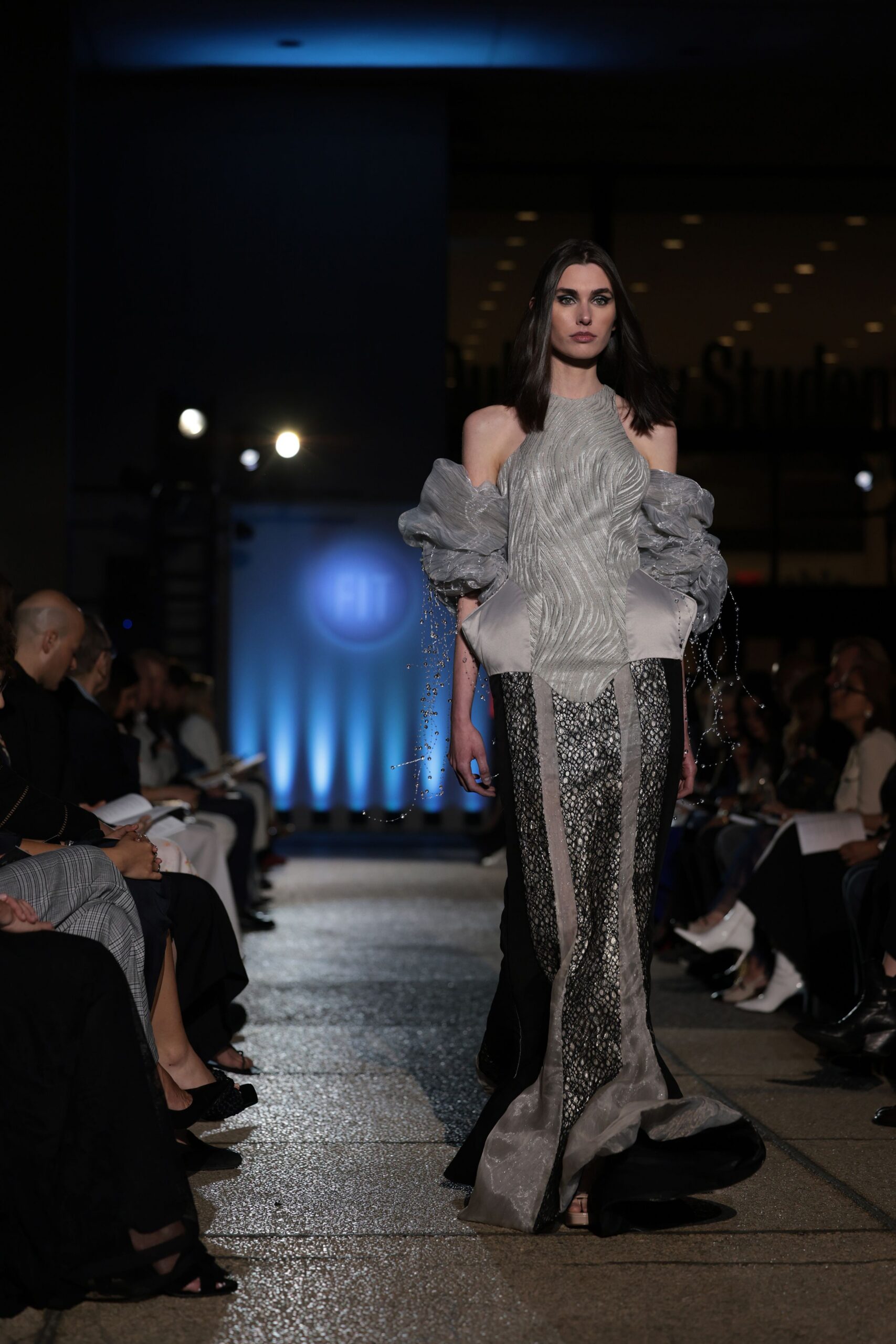 black and gray ruffled gown