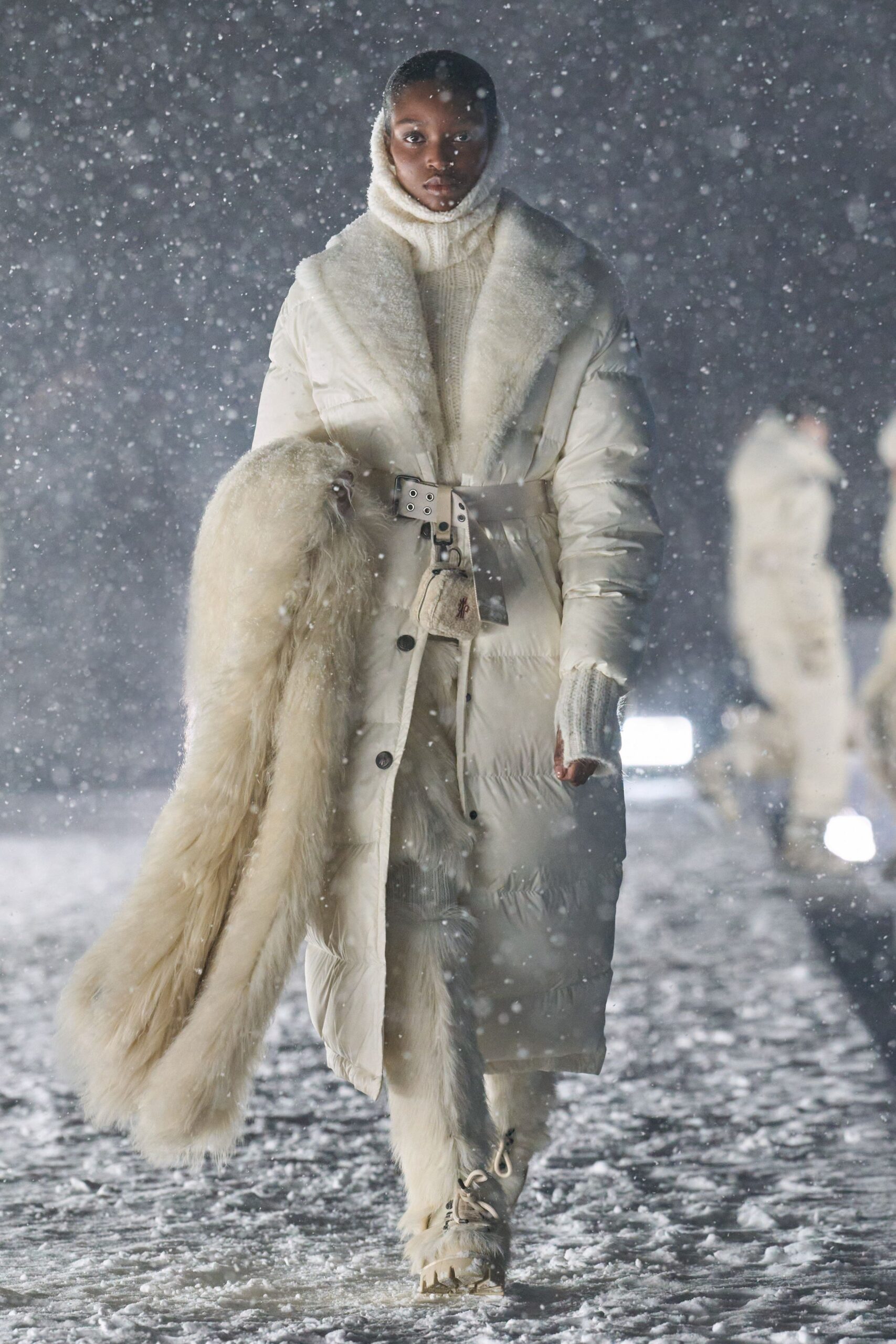 white faux-fur fitted pants