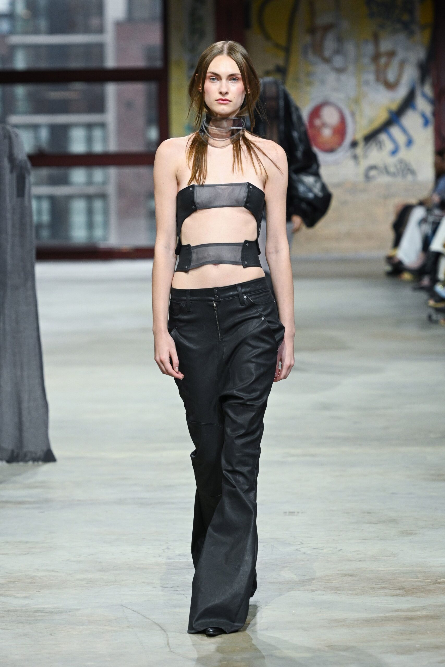 black leather fitted straight-leg pants