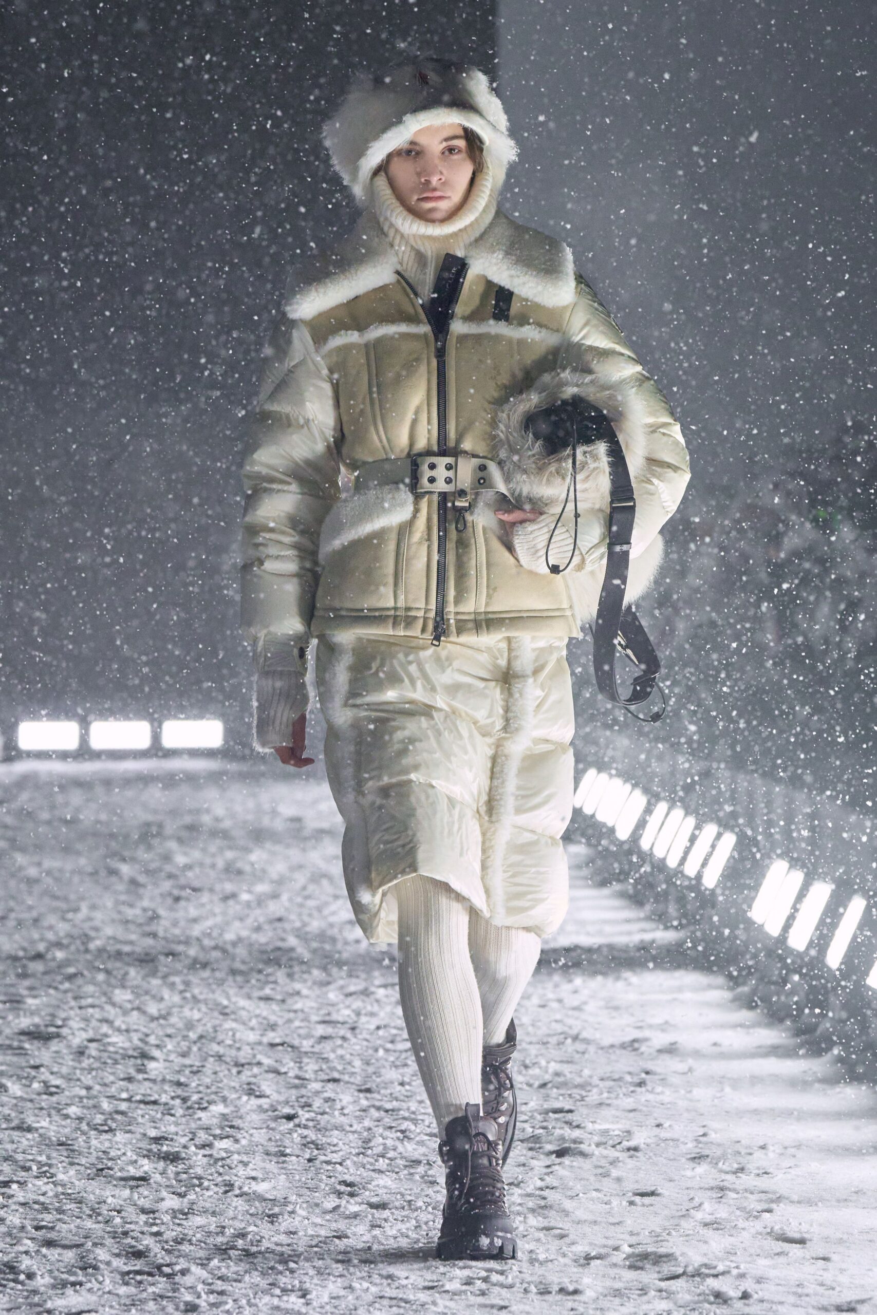 white faux-fur long-sleeve collared fitted zippered padded coat