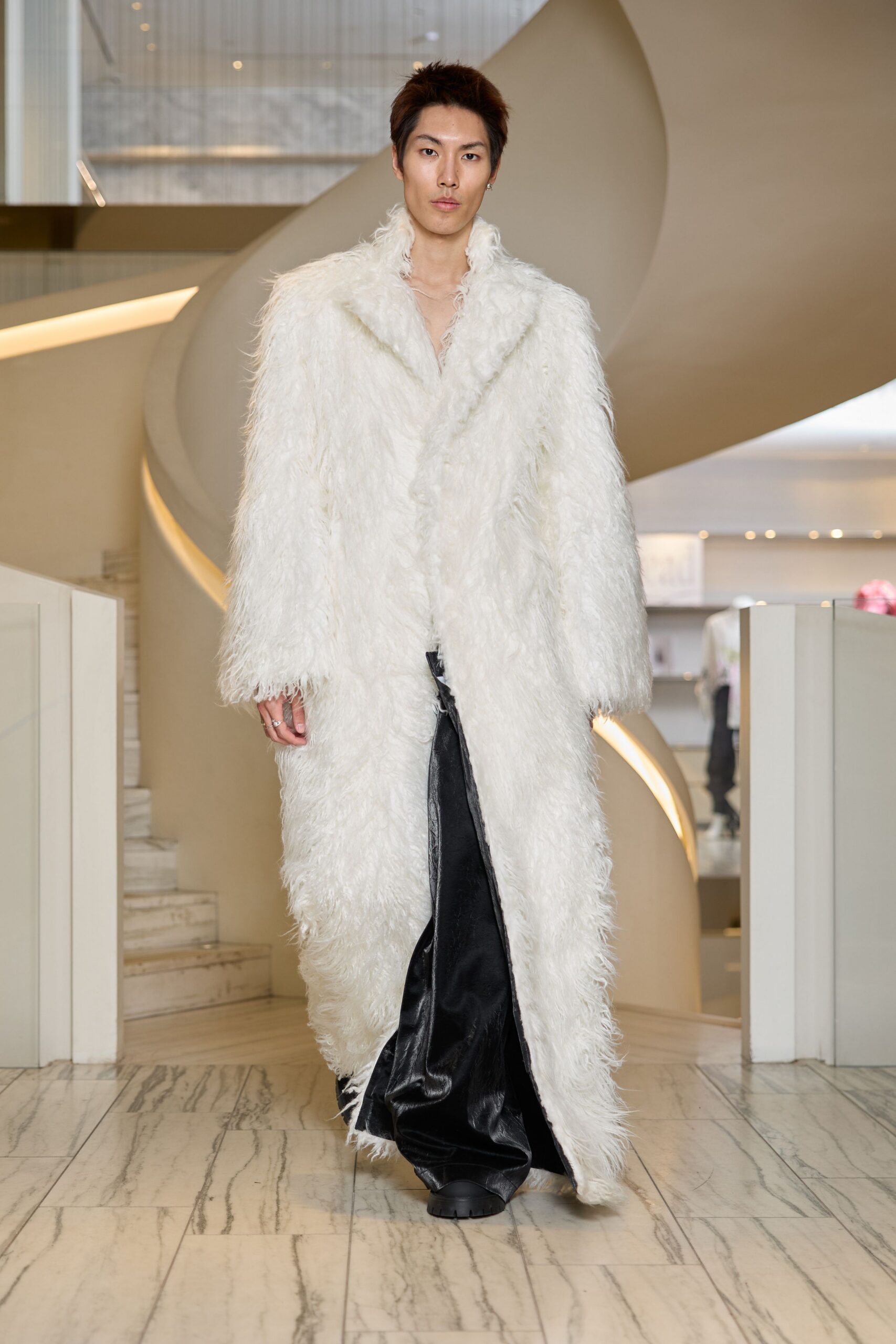 white fur long-sleeve relaxed fringed maxi coat