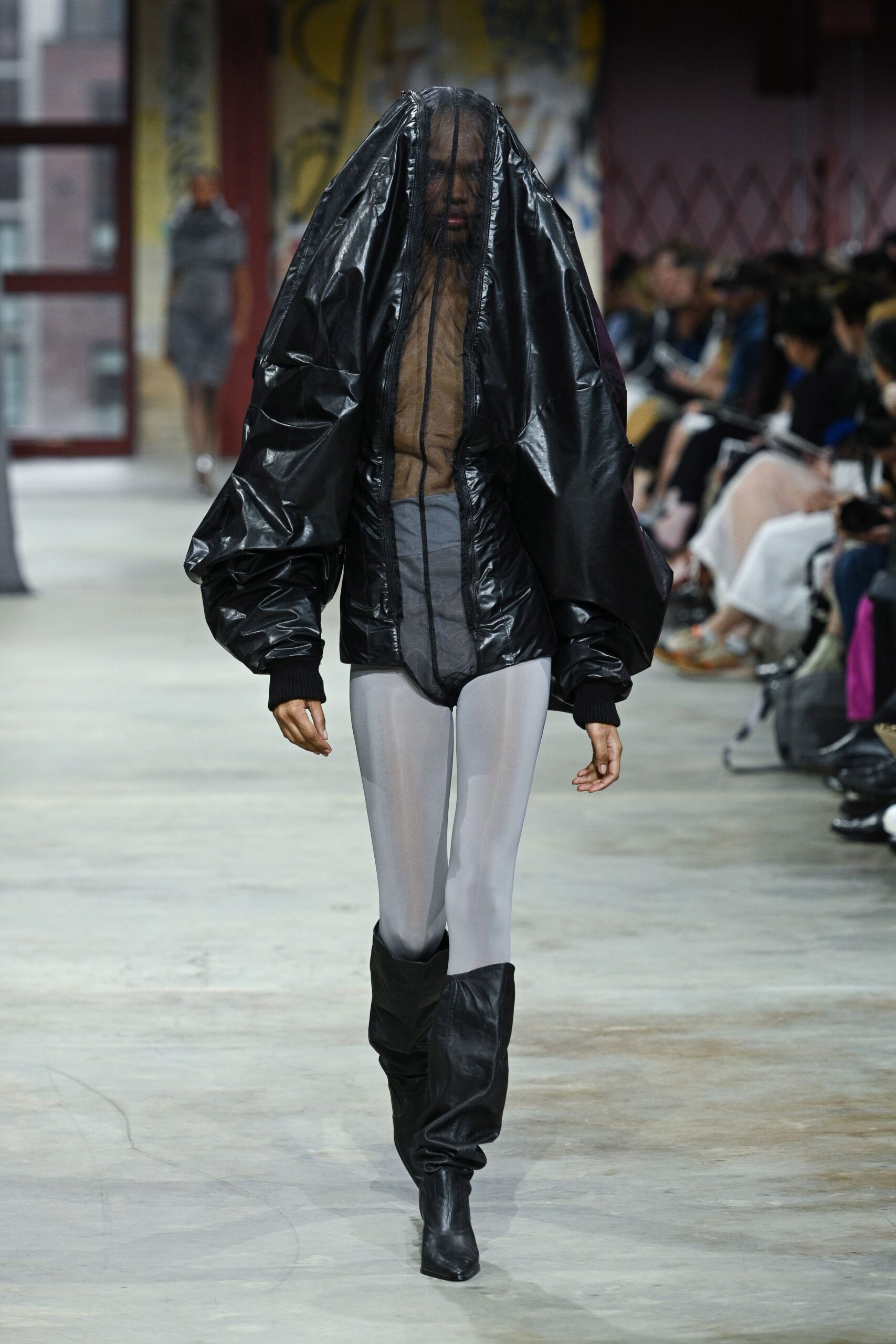 gray vinyl fitted zippered pants