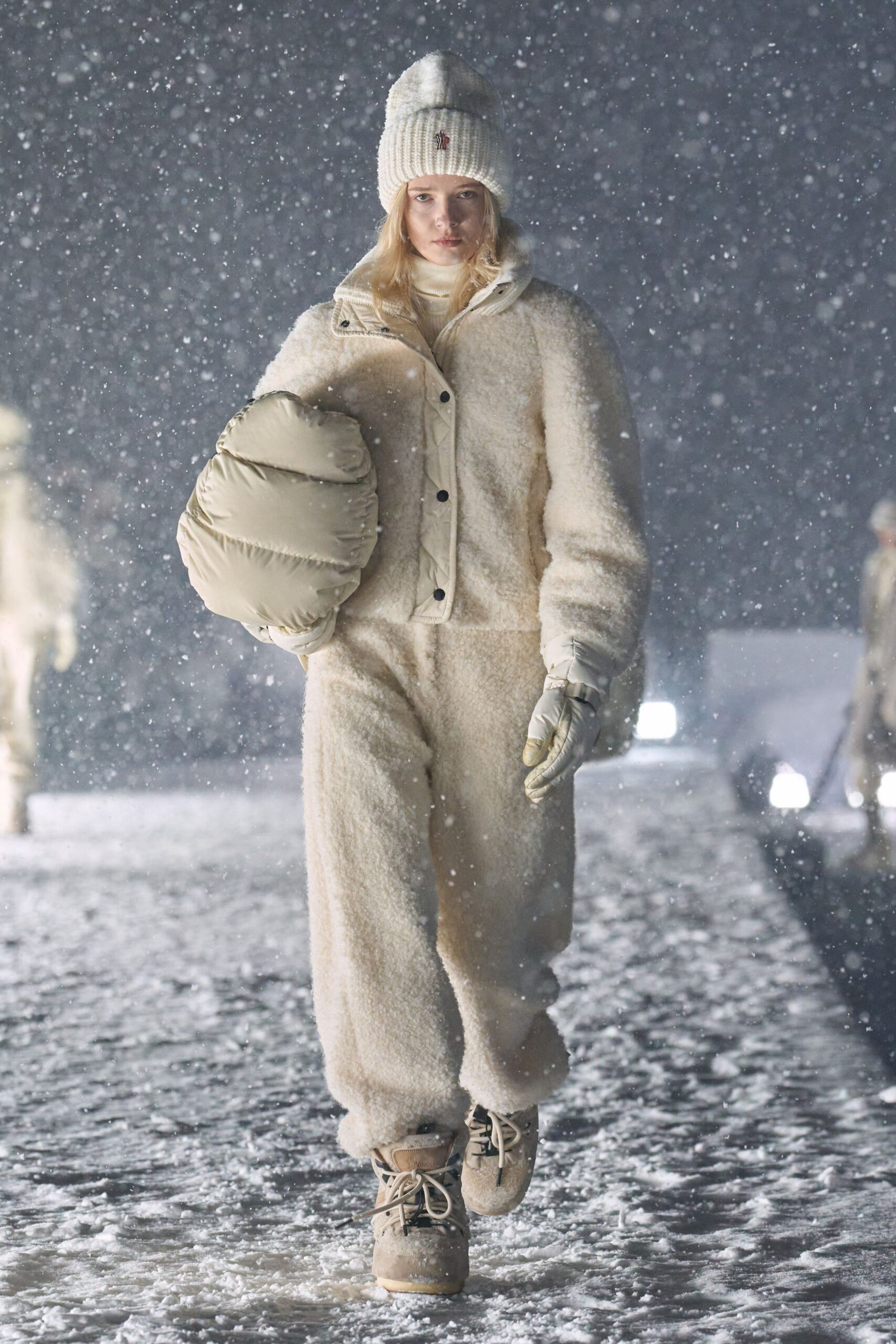 beige faux-fur jacket and pants