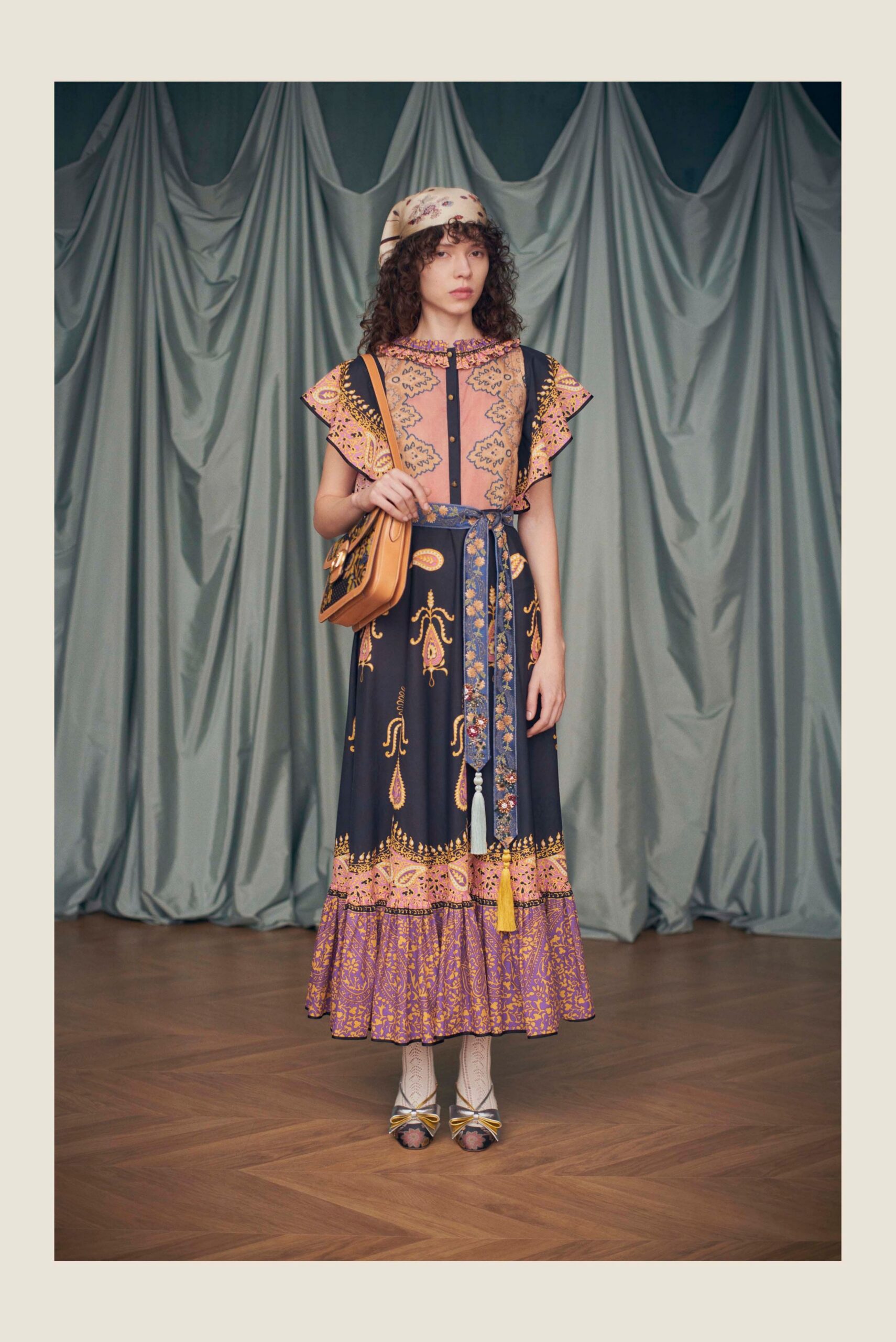 blue cotton short-sleeve v-neck fitted pleated layered dress