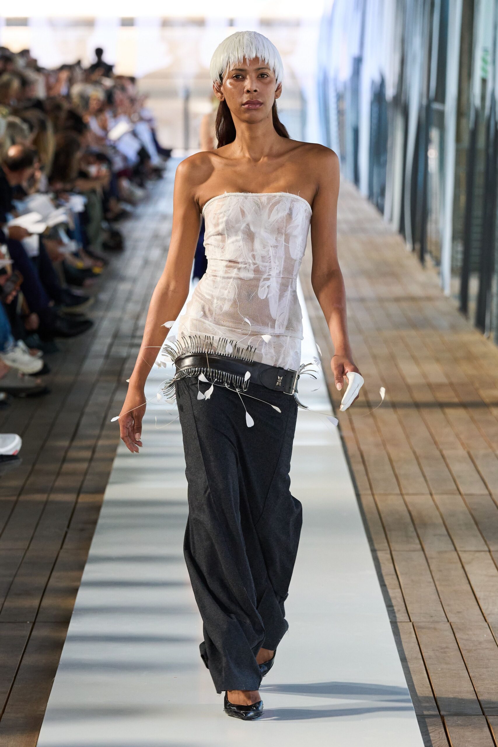 white silk strapless fitted ruffled sheer top