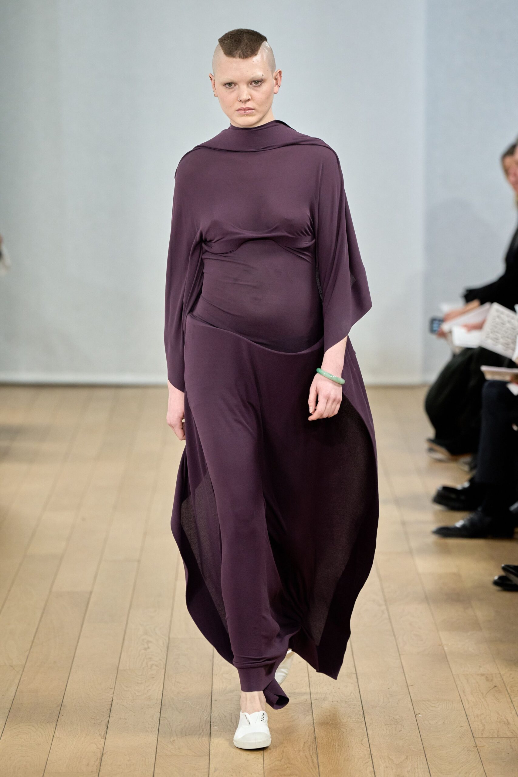 purple draped maxi dress with white shoes