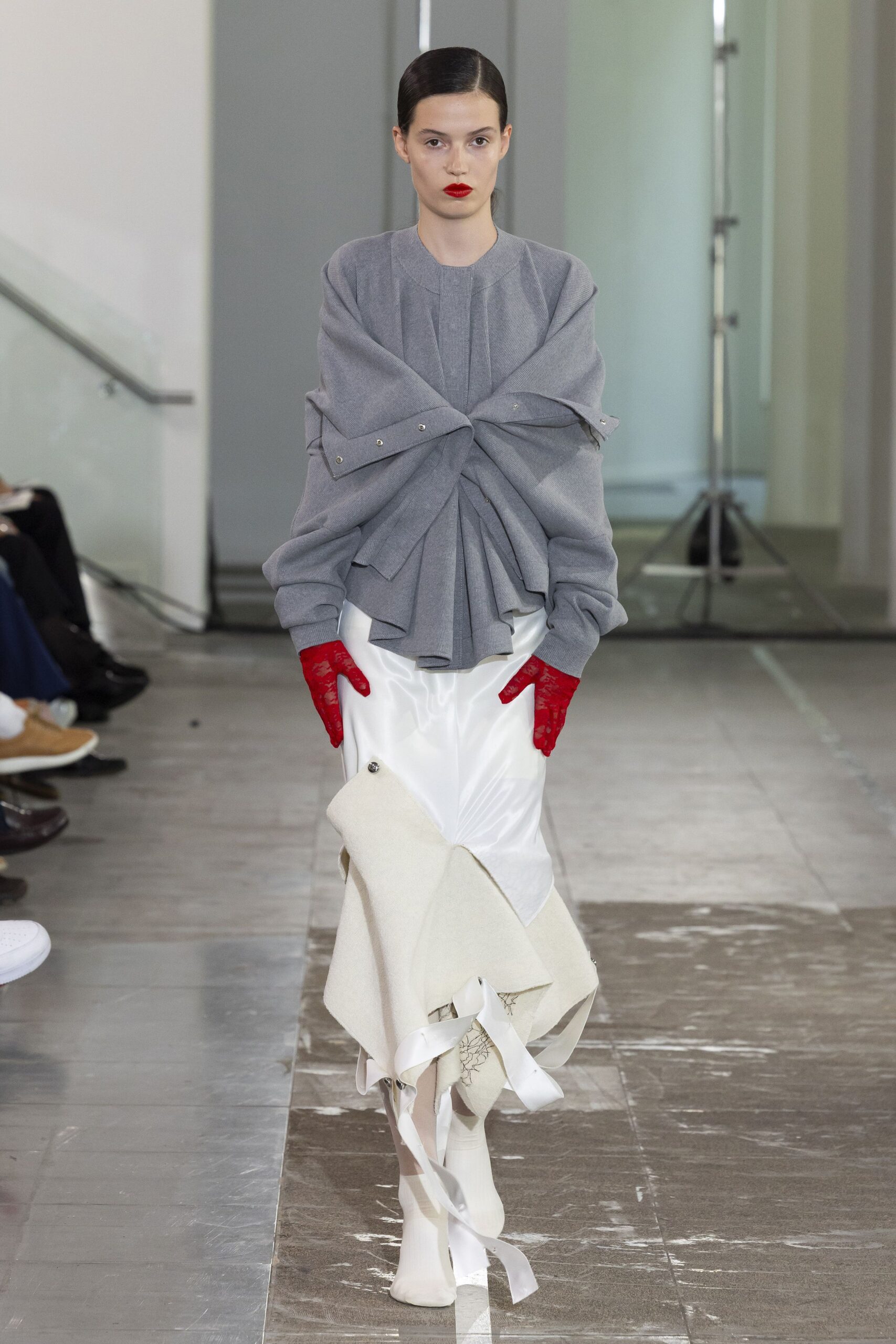 gray relaxed top with white asymmetric skirt