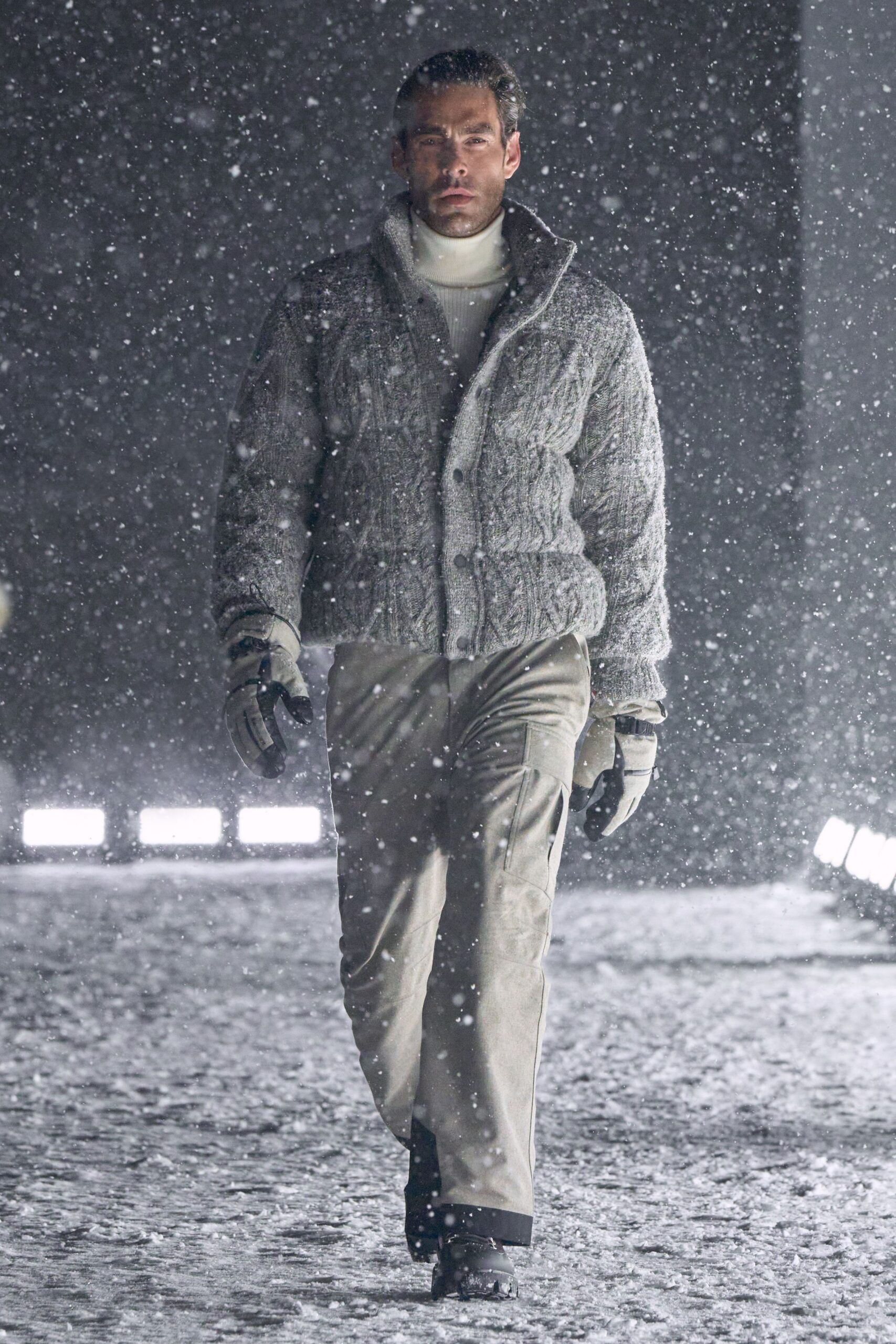 gray wool sweater with beige pants
