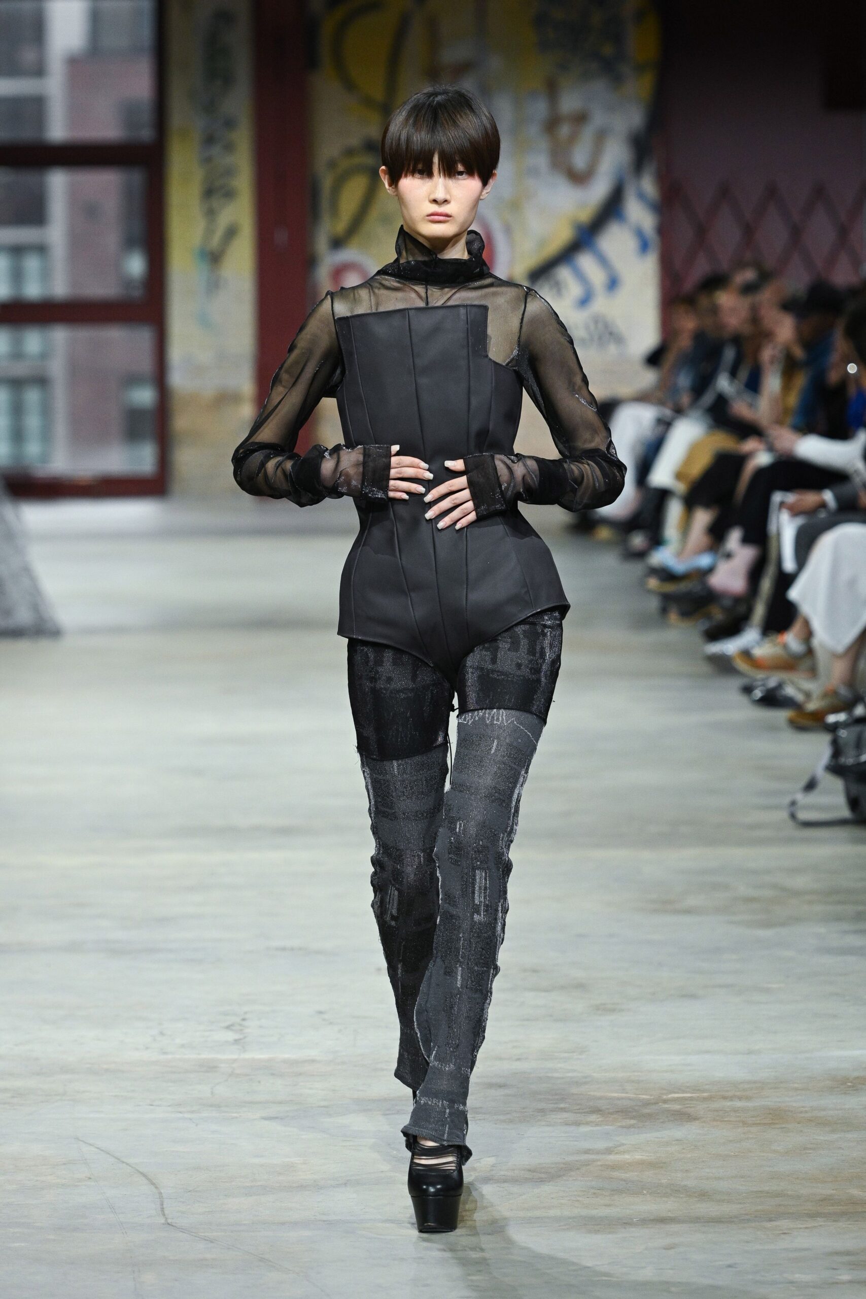 black silk long-sleeve high-neck fitted structured top