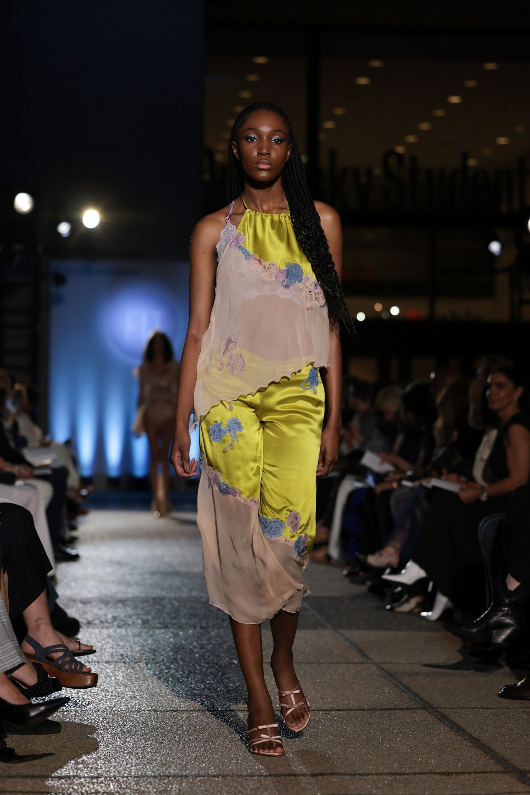 yellow silk sleeveless halter fitted embroidered layered dress