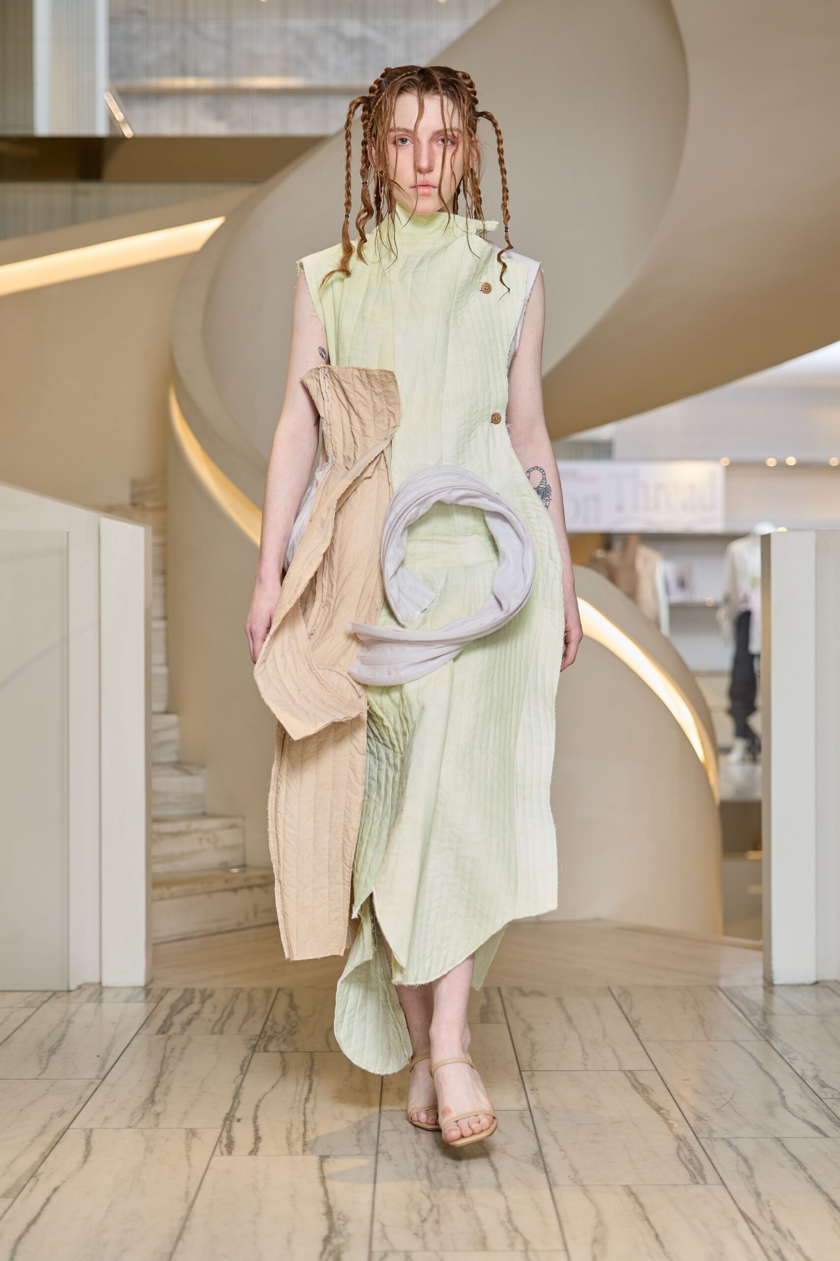 green cotton sleeveless high-neck relaxed pleated midi dress