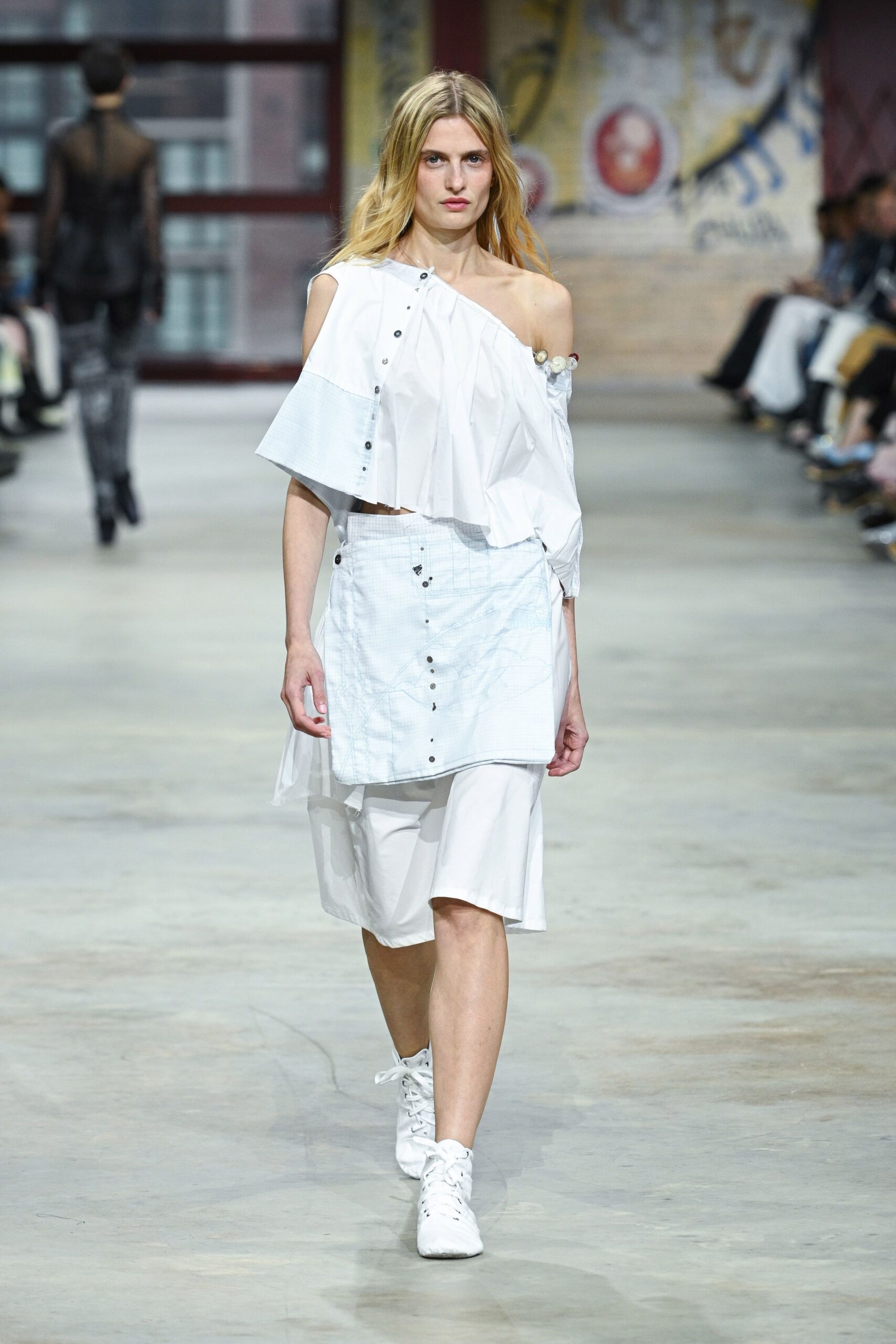 white cotton sleeveless off-shoulder relaxed buttoned draped dress