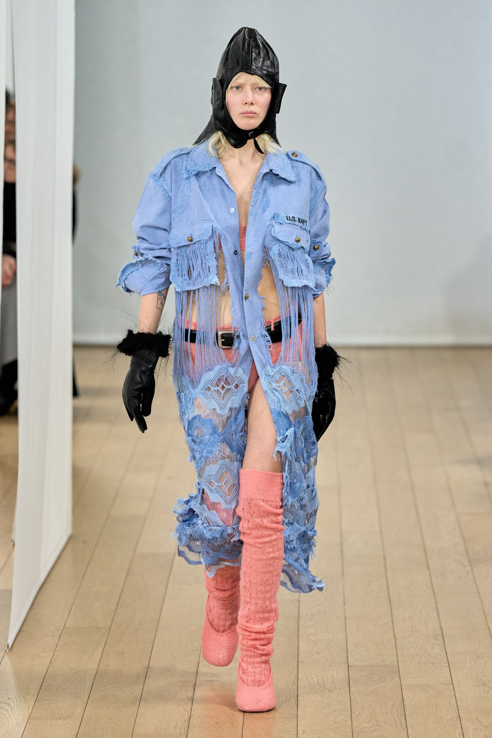 blue denim lace midi dress with pink boots