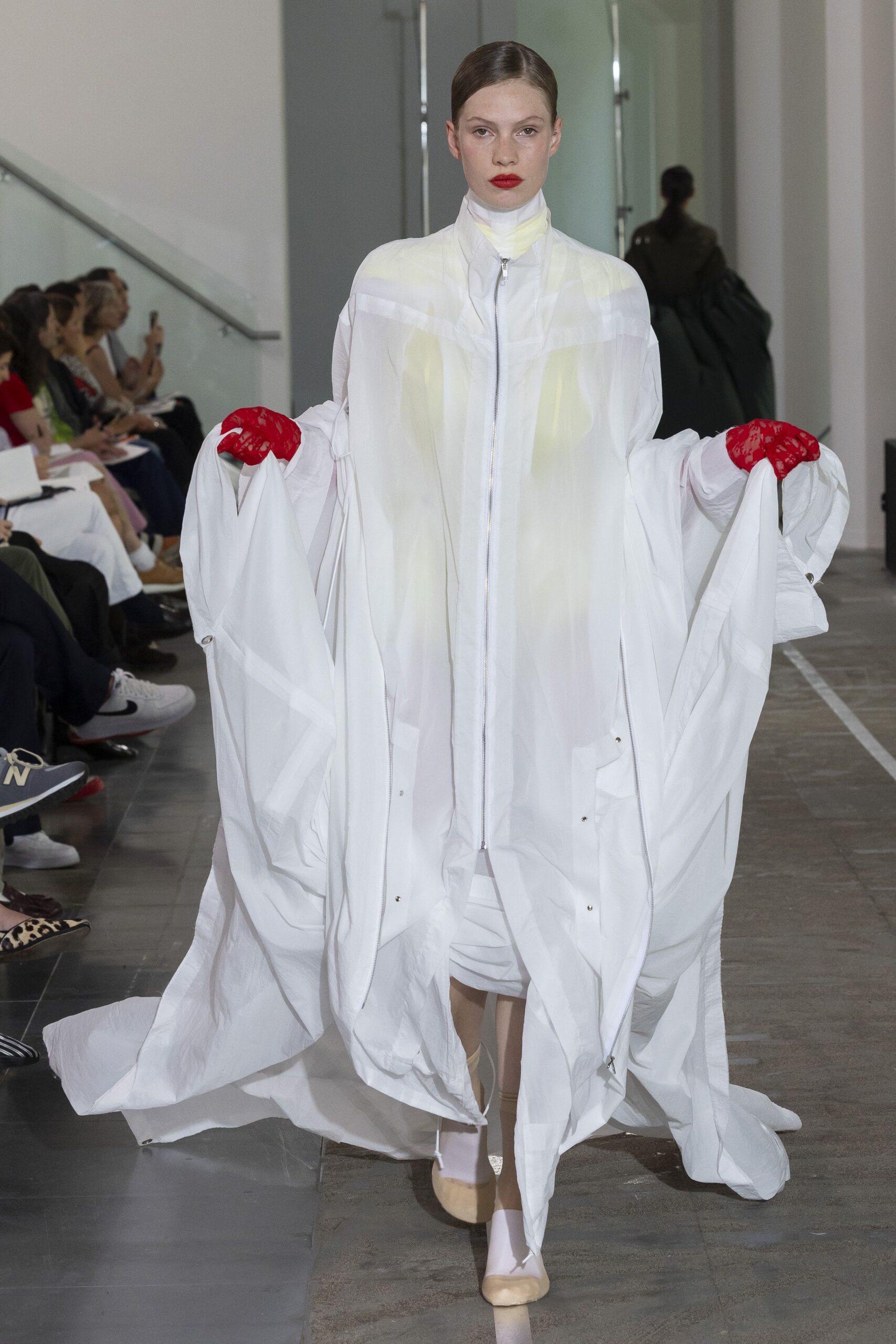 white relaxed maxi dress with red gloves