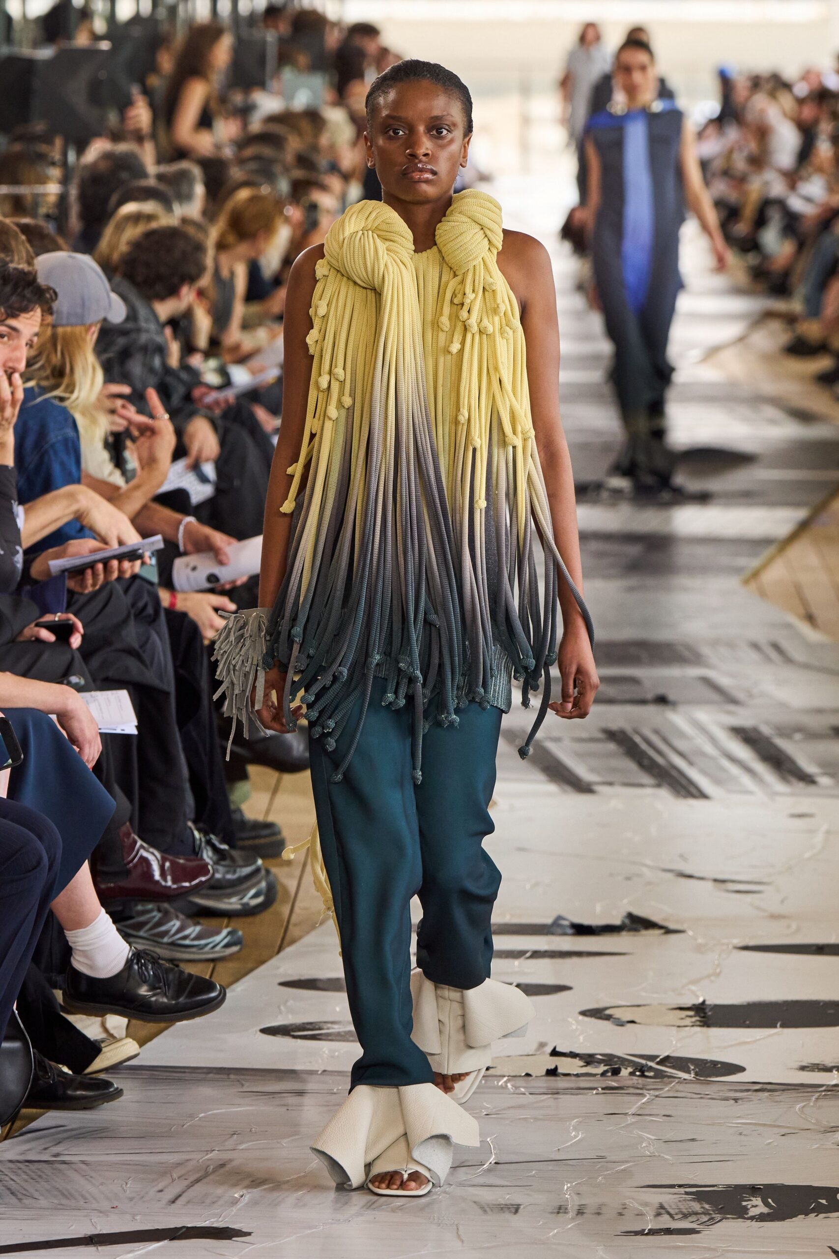 yellow silk sleeveless relaxed fringed top