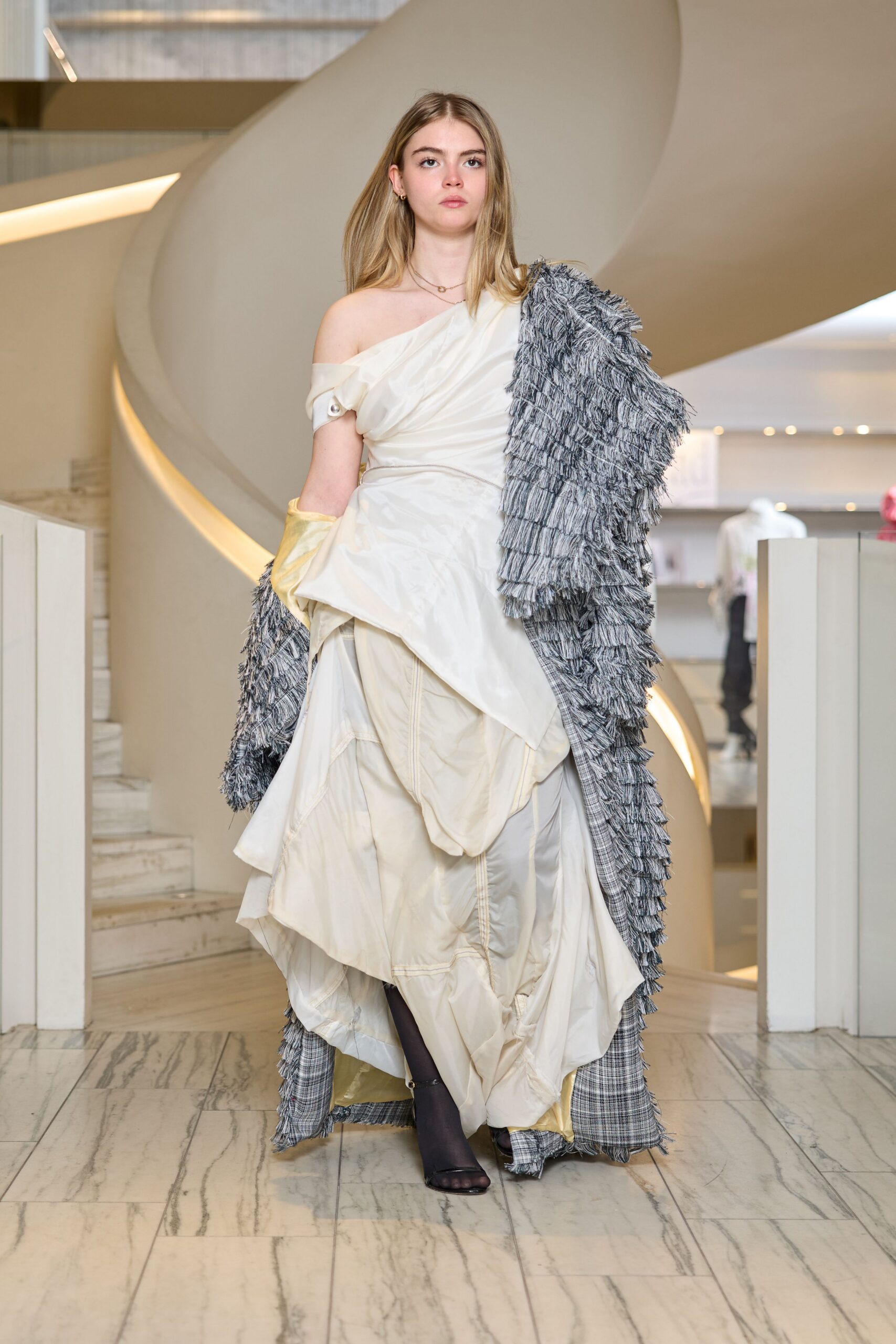 white silk off-shoulder fitted draped layered maxi gown