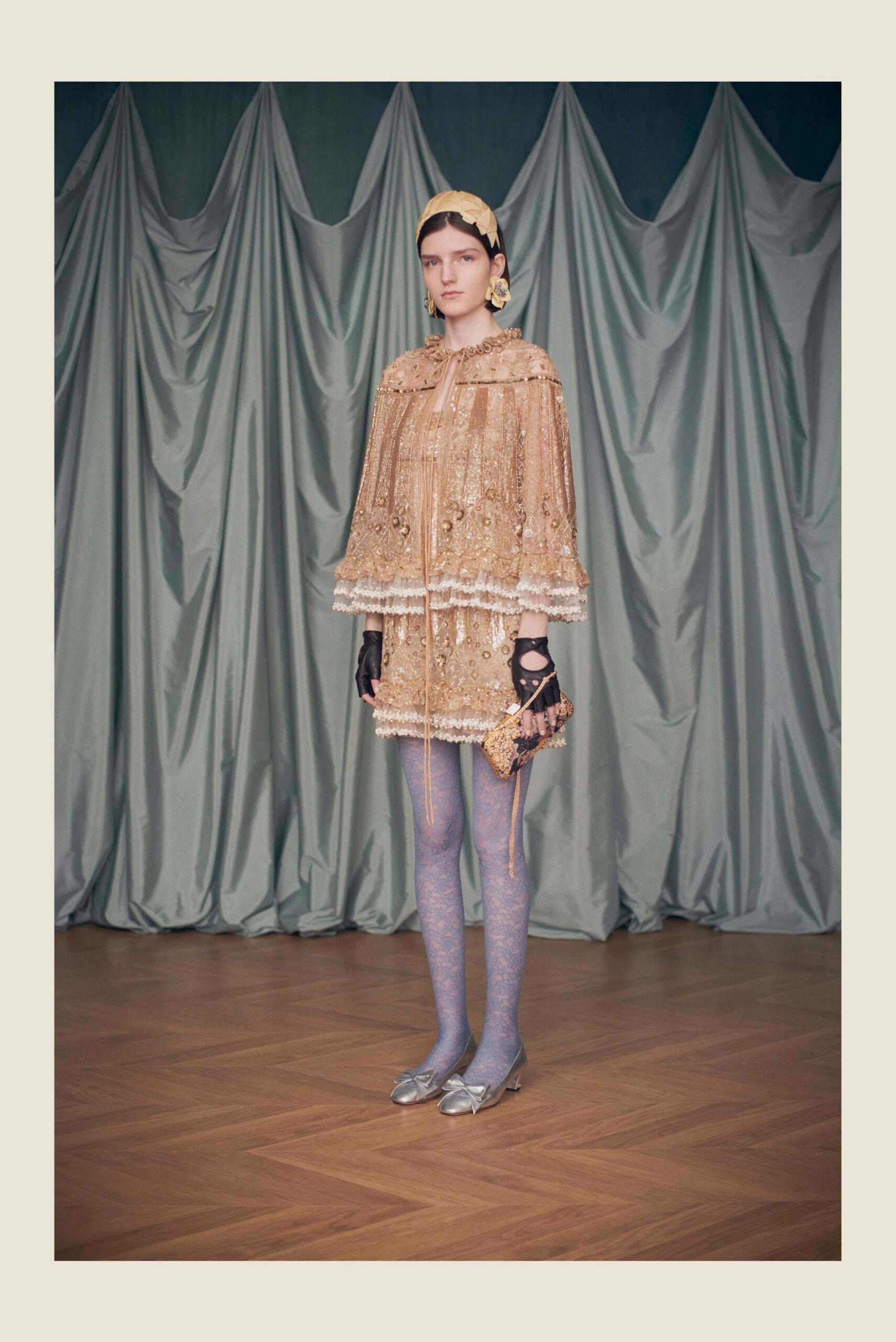 gold silk long-sleeve relaxed embroidered fringed shiny cape