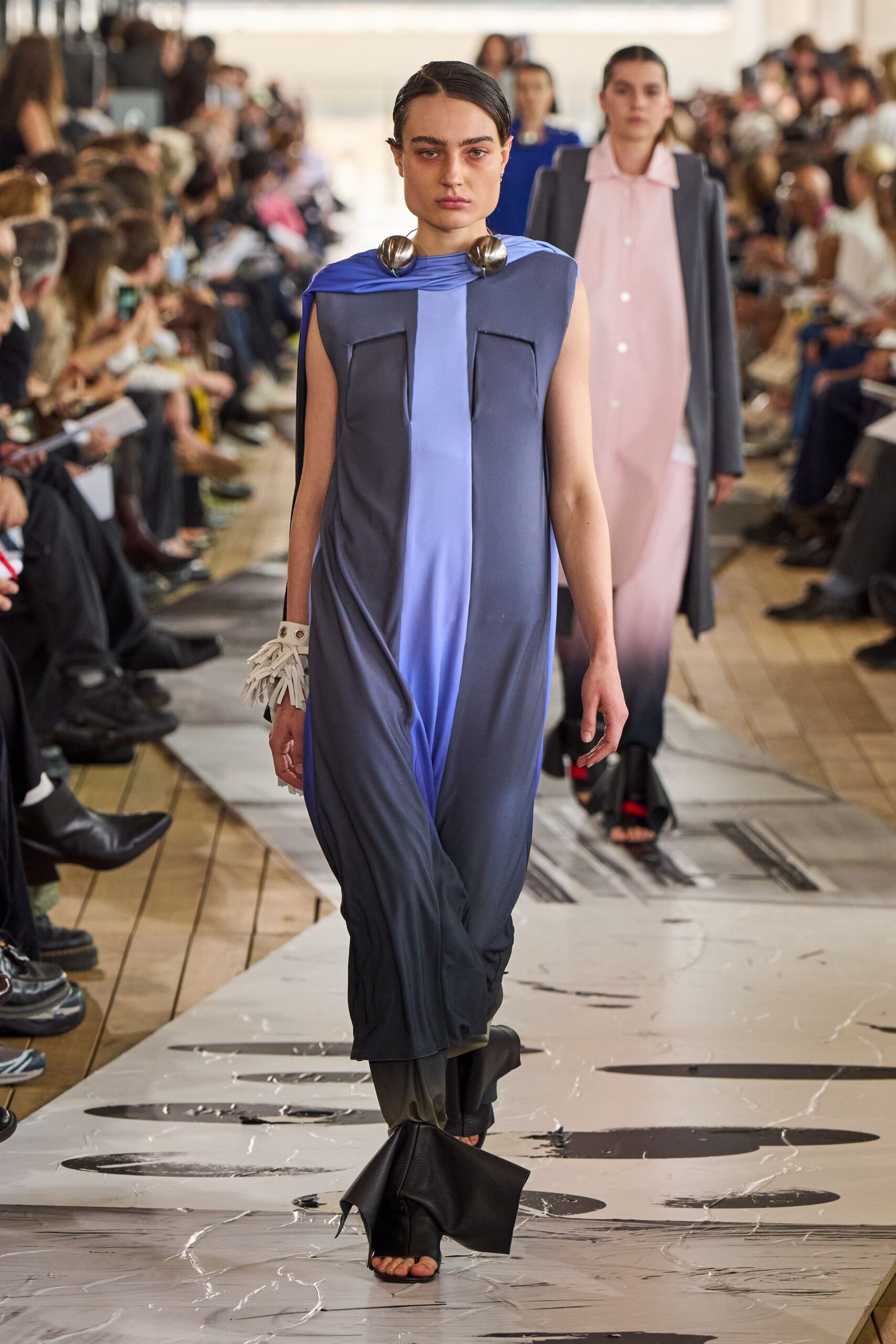 blue silk sleeveless v-neck fitted draped flowing dress