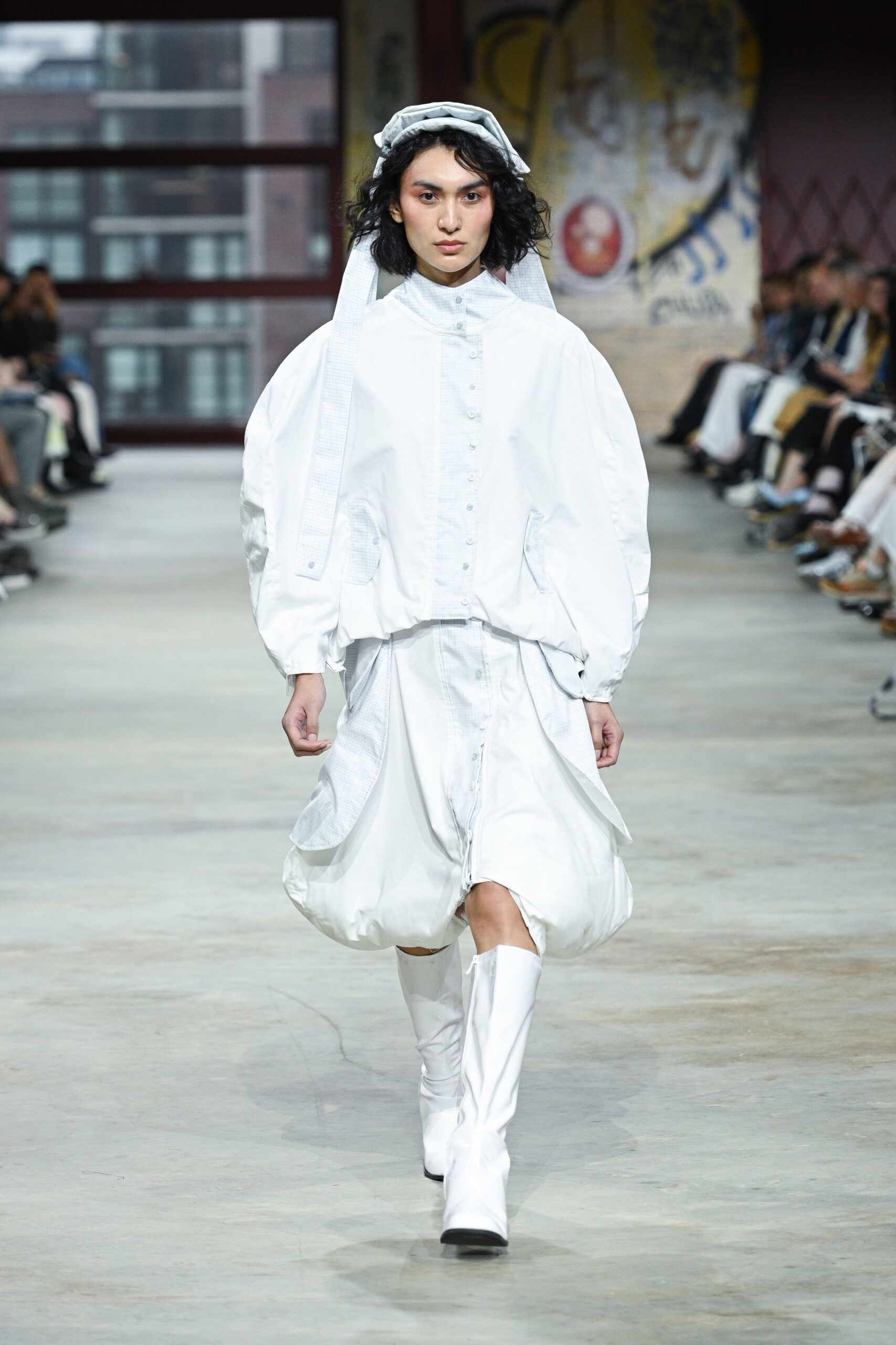 white cotton long-sleeve collared oversized buttoned draped coat