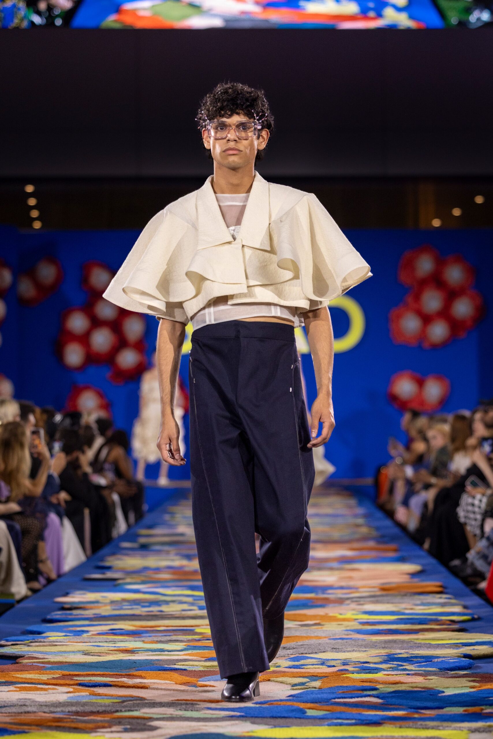 white layered top with navy pants
