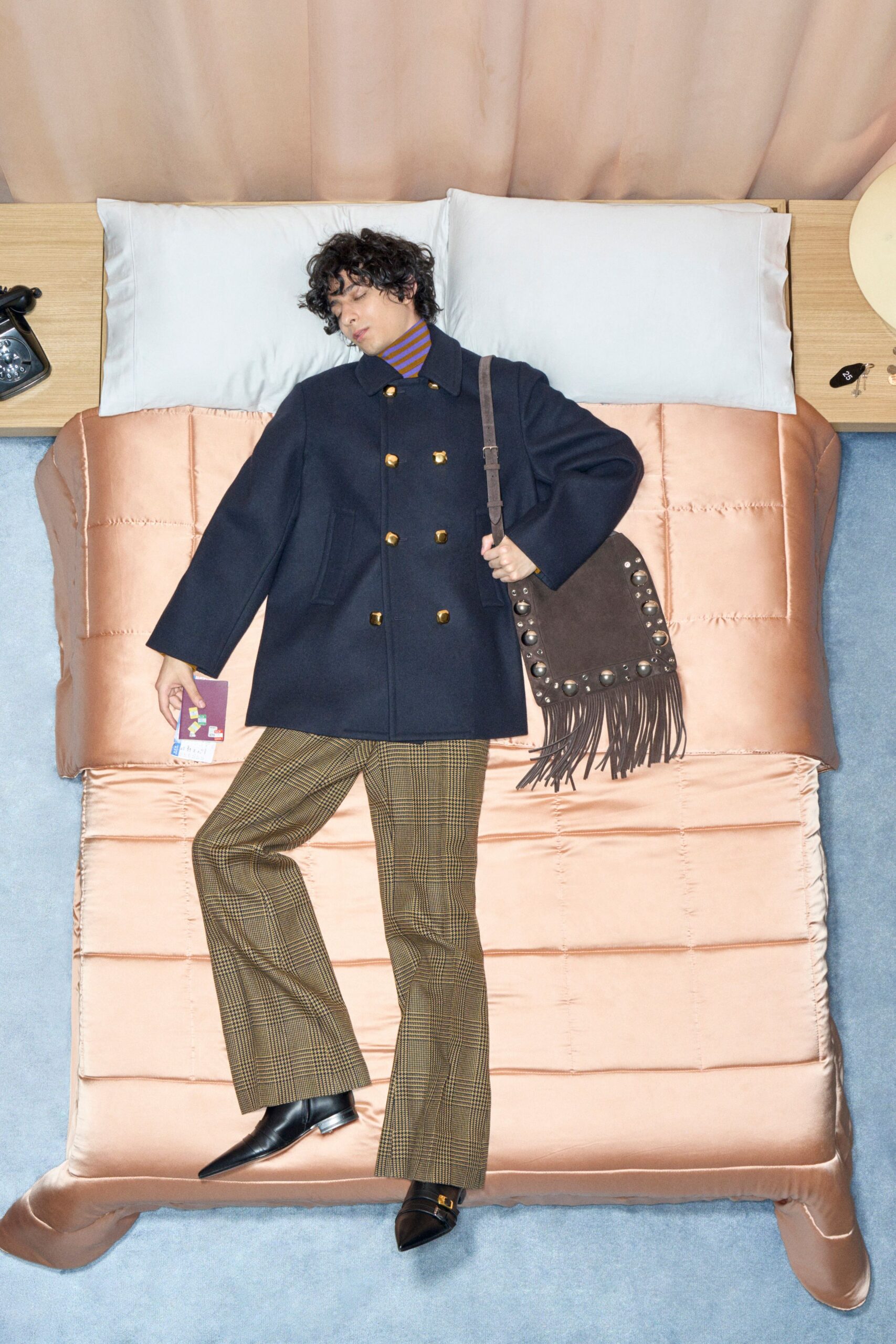 blue wool long-sleeve double-breasted structured buttoned coat
